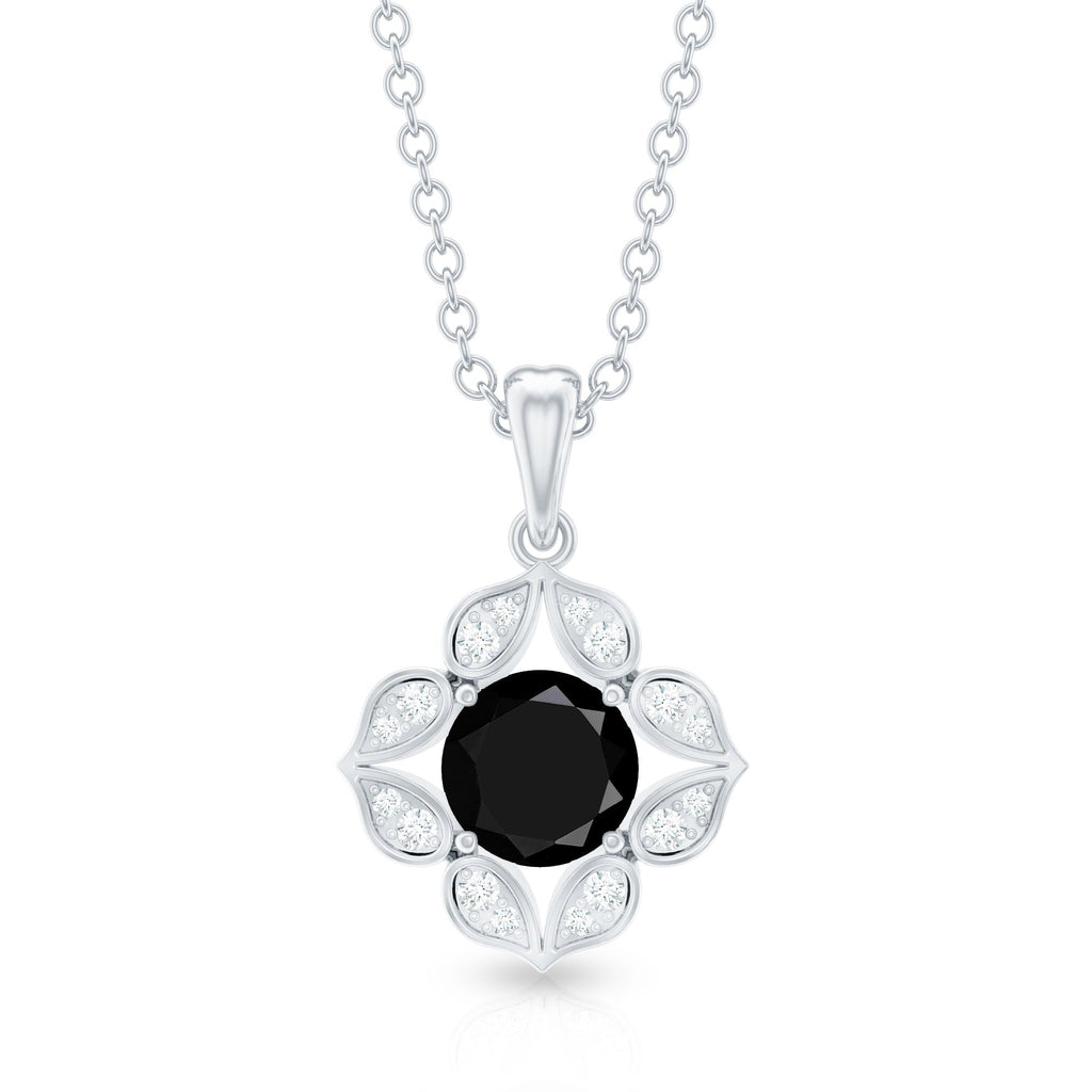 Natural Black Spinel Flower Pendant Necklace with Diamond for Women