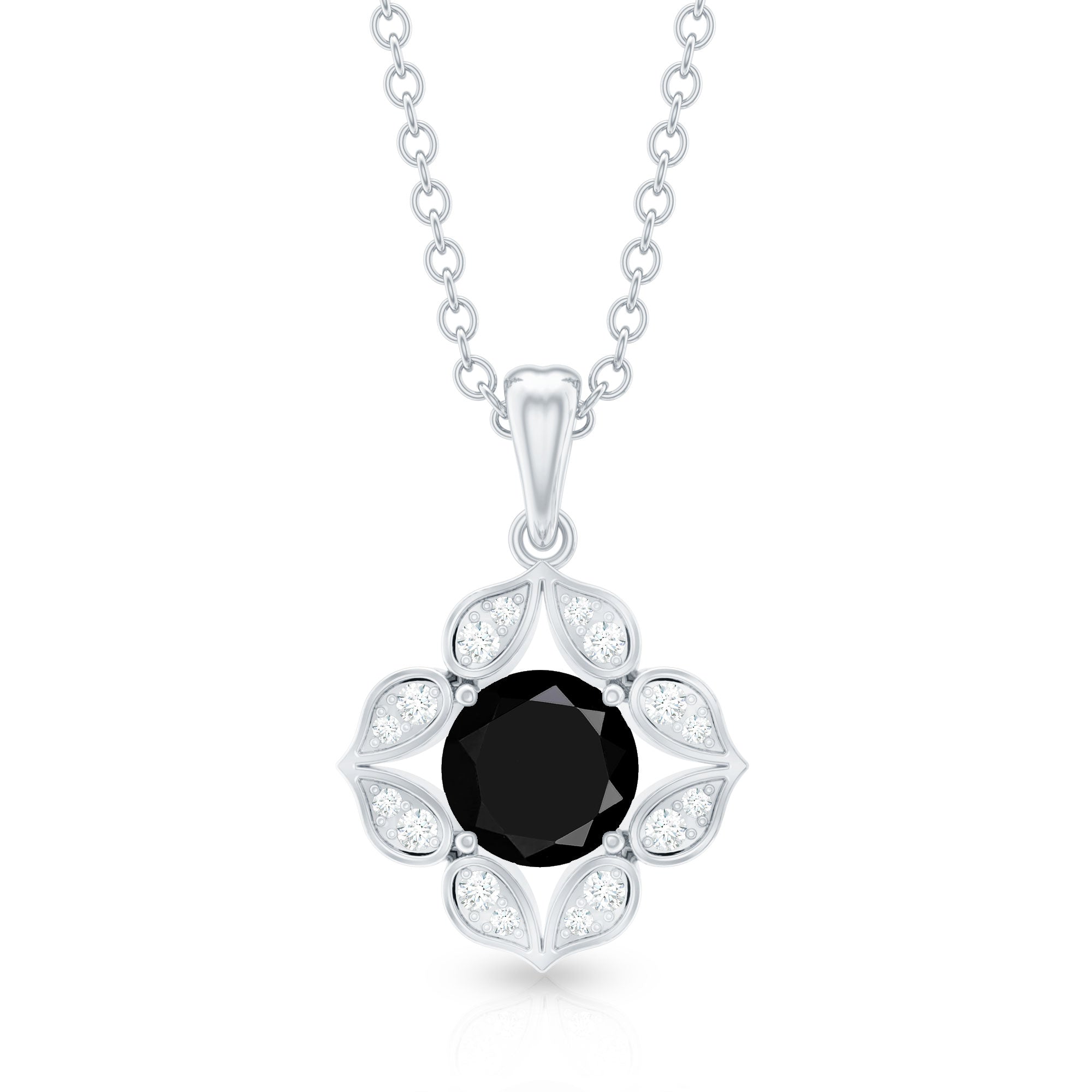 Natural Black Spinel Flower Pendant Necklace with Diamond for Women