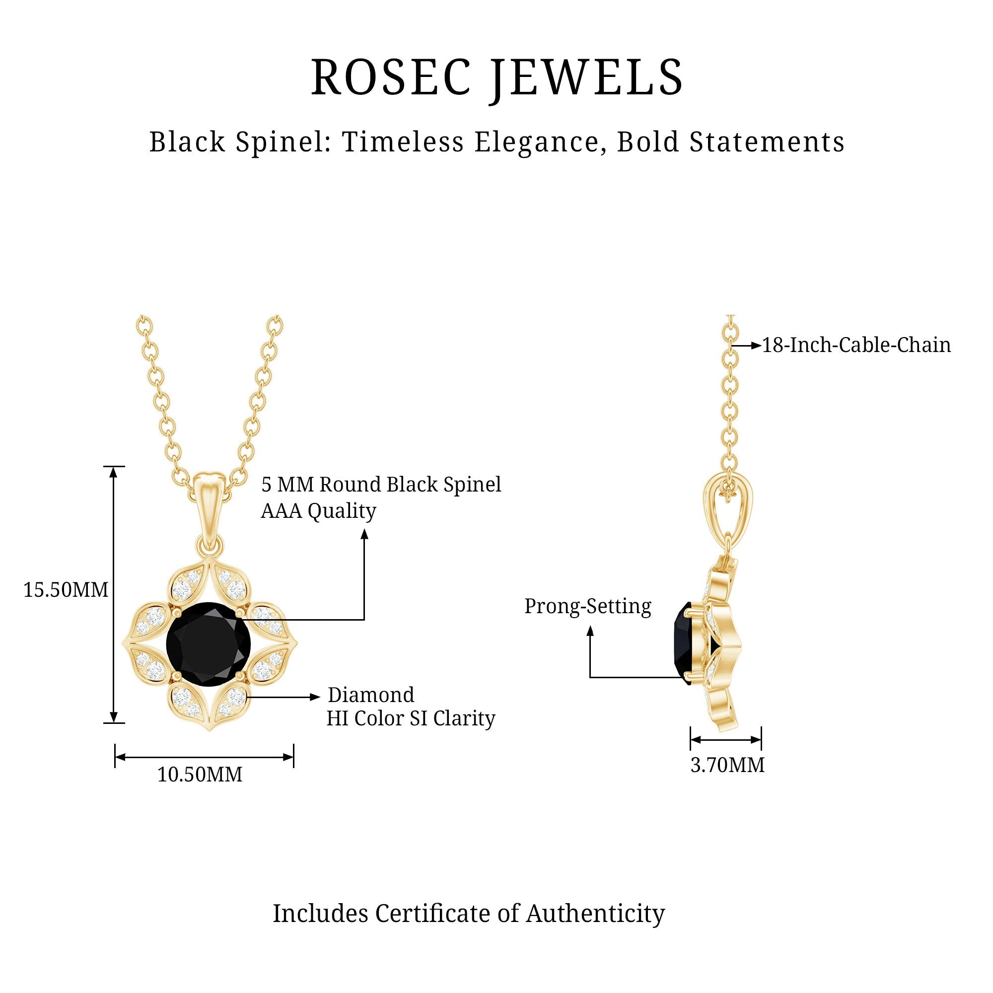 Natural Black Spinel Flower Pendant Necklace with Diamond for Women