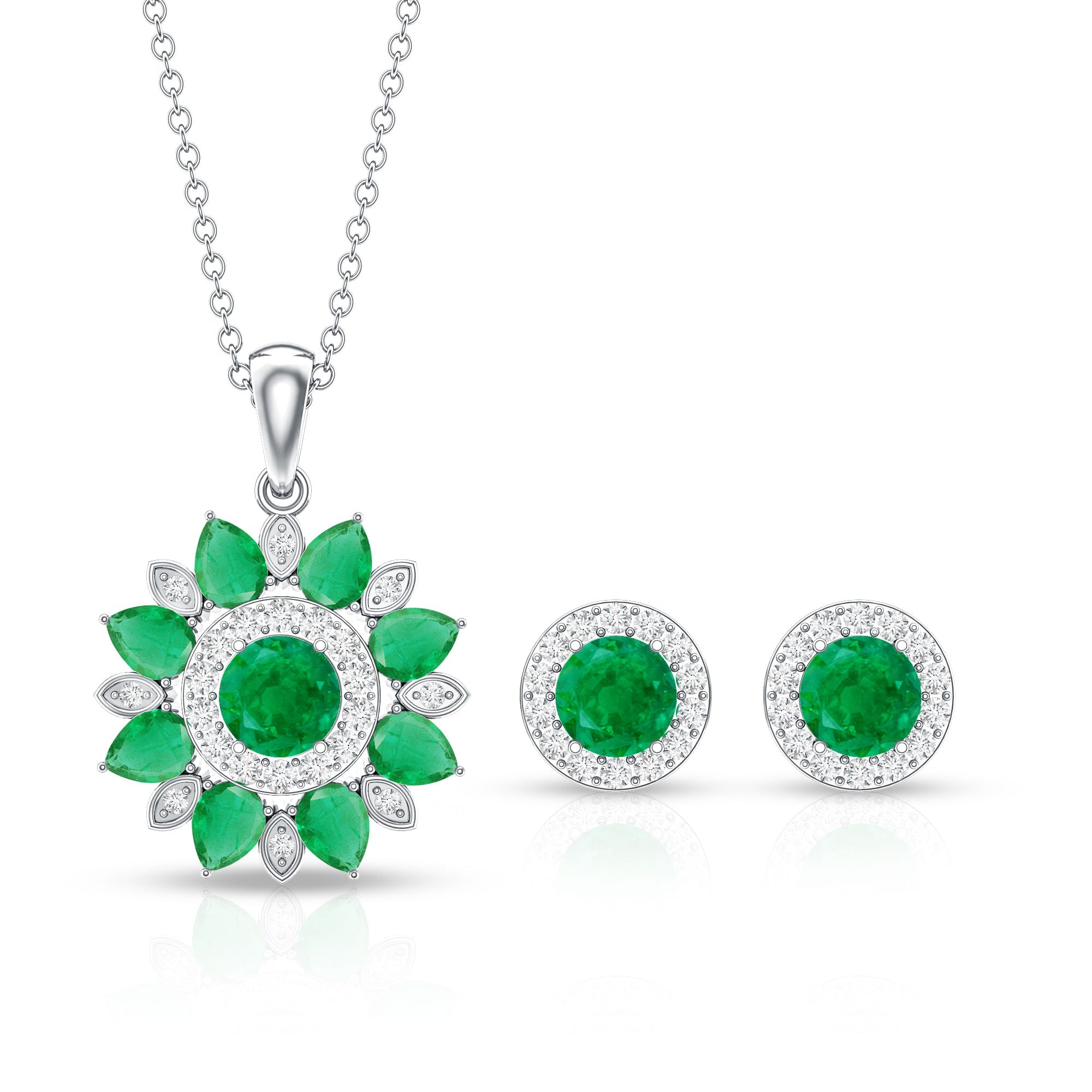 Certified Emerald and Moissanite Flower Jewelry Set