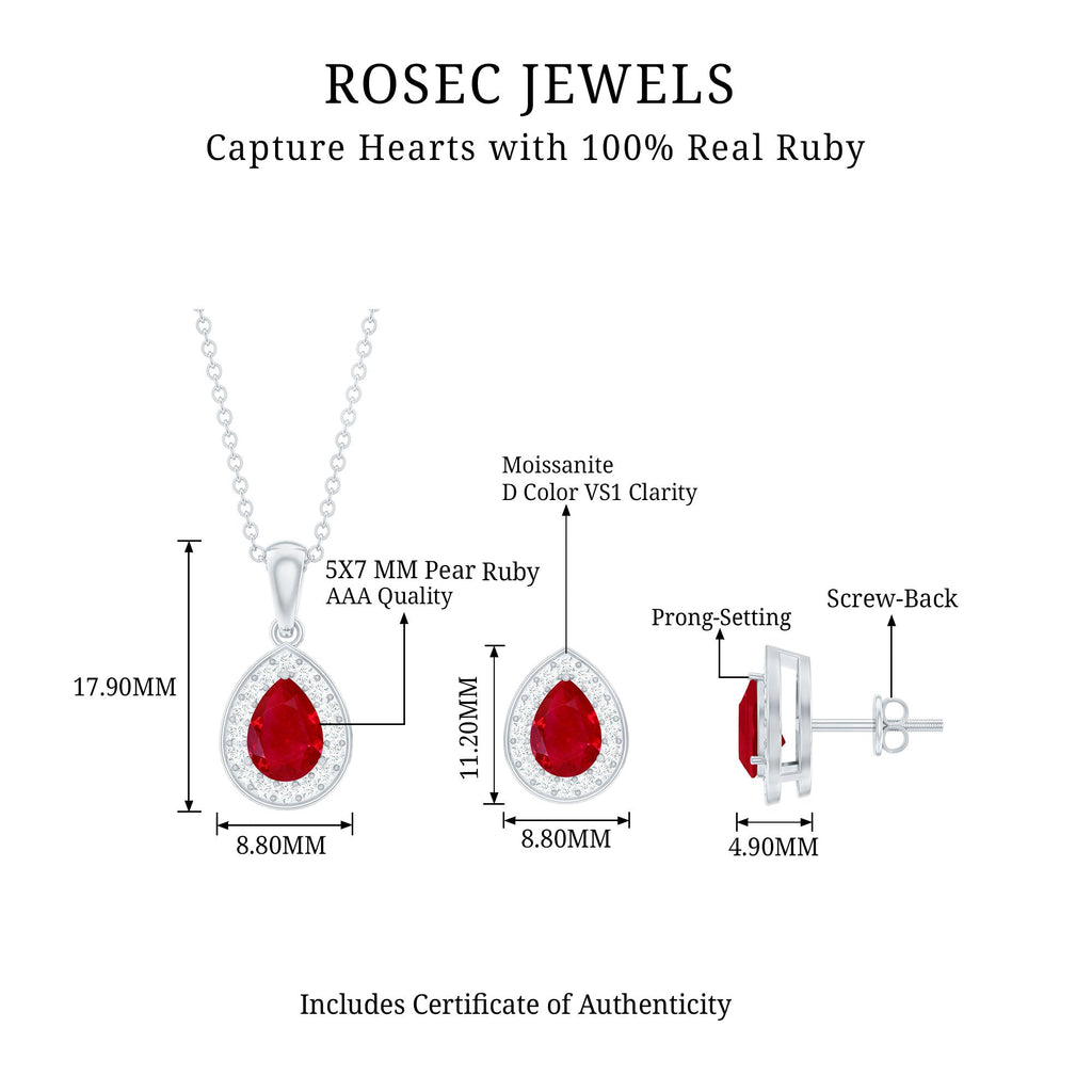 Genuine Pear Cut Ruby and Moissanite Halo Pendant and Earrings Set