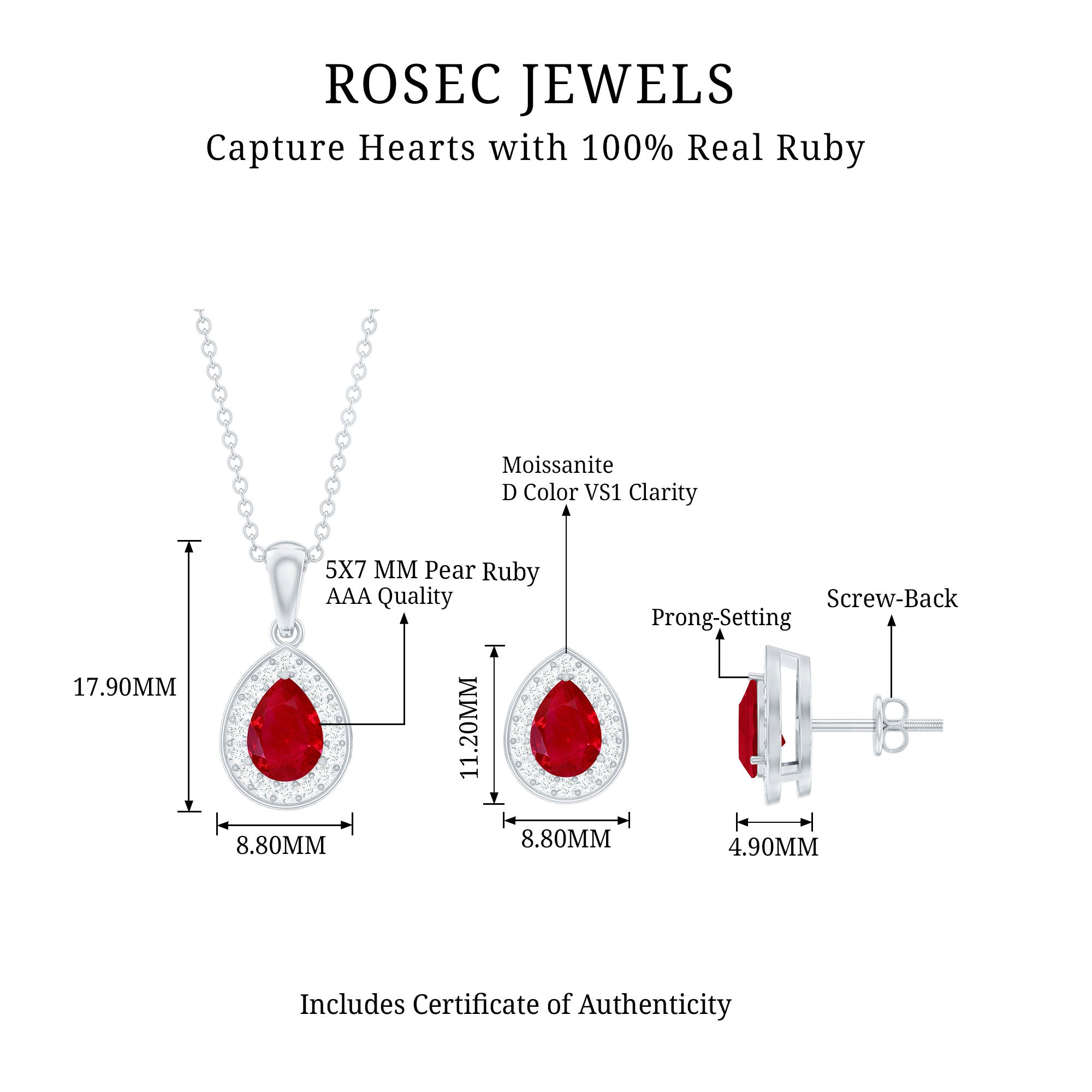 Genuine Pear Cut Ruby and Moissanite Halo Pendant and Earrings Set