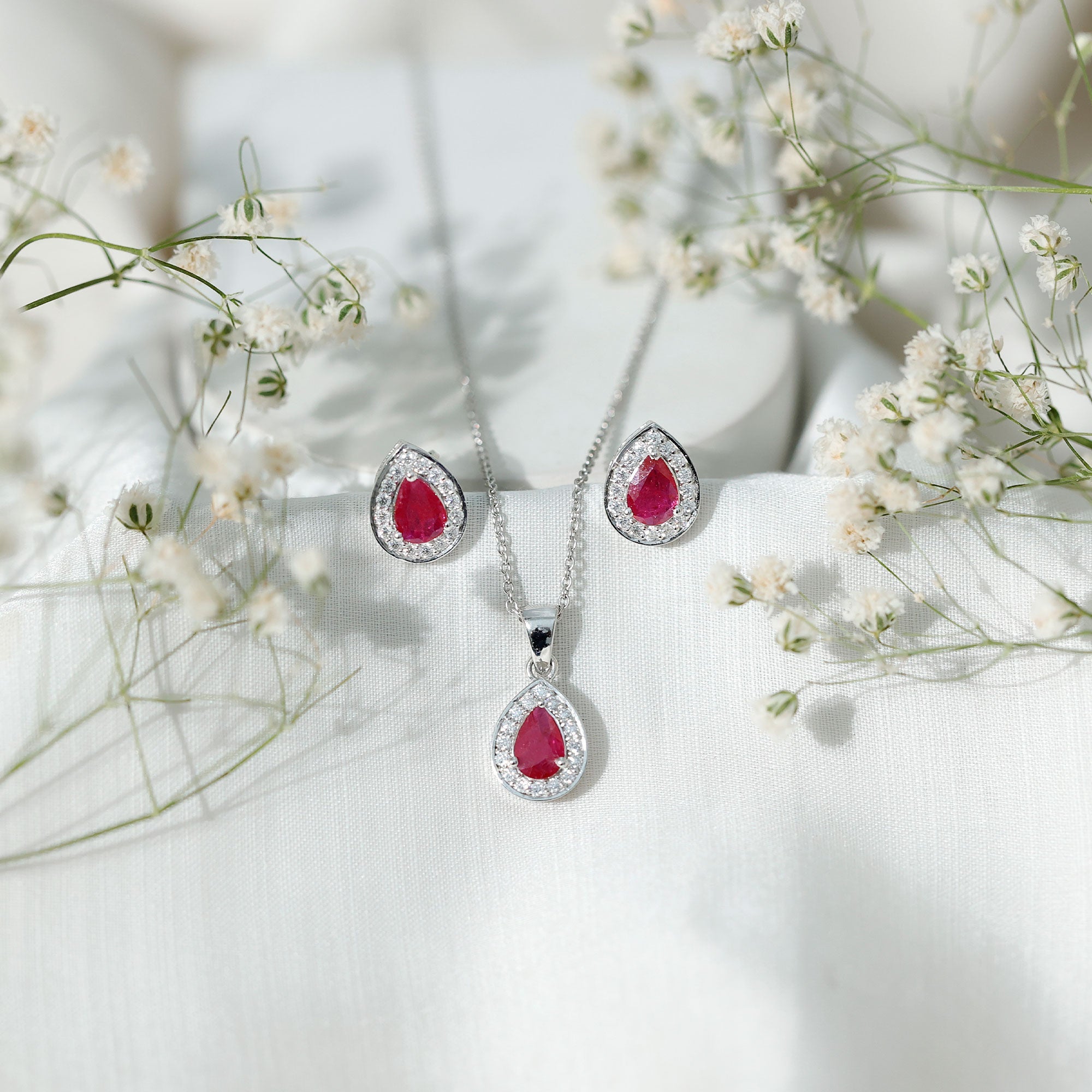 Genuine Pear Cut Ruby and Moissanite Halo Pendant and Earrings Set