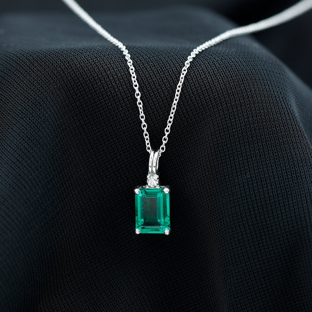 1.6 Carat Emerald Cut Lab Created Emerald Solitaire Necklace with Diamond