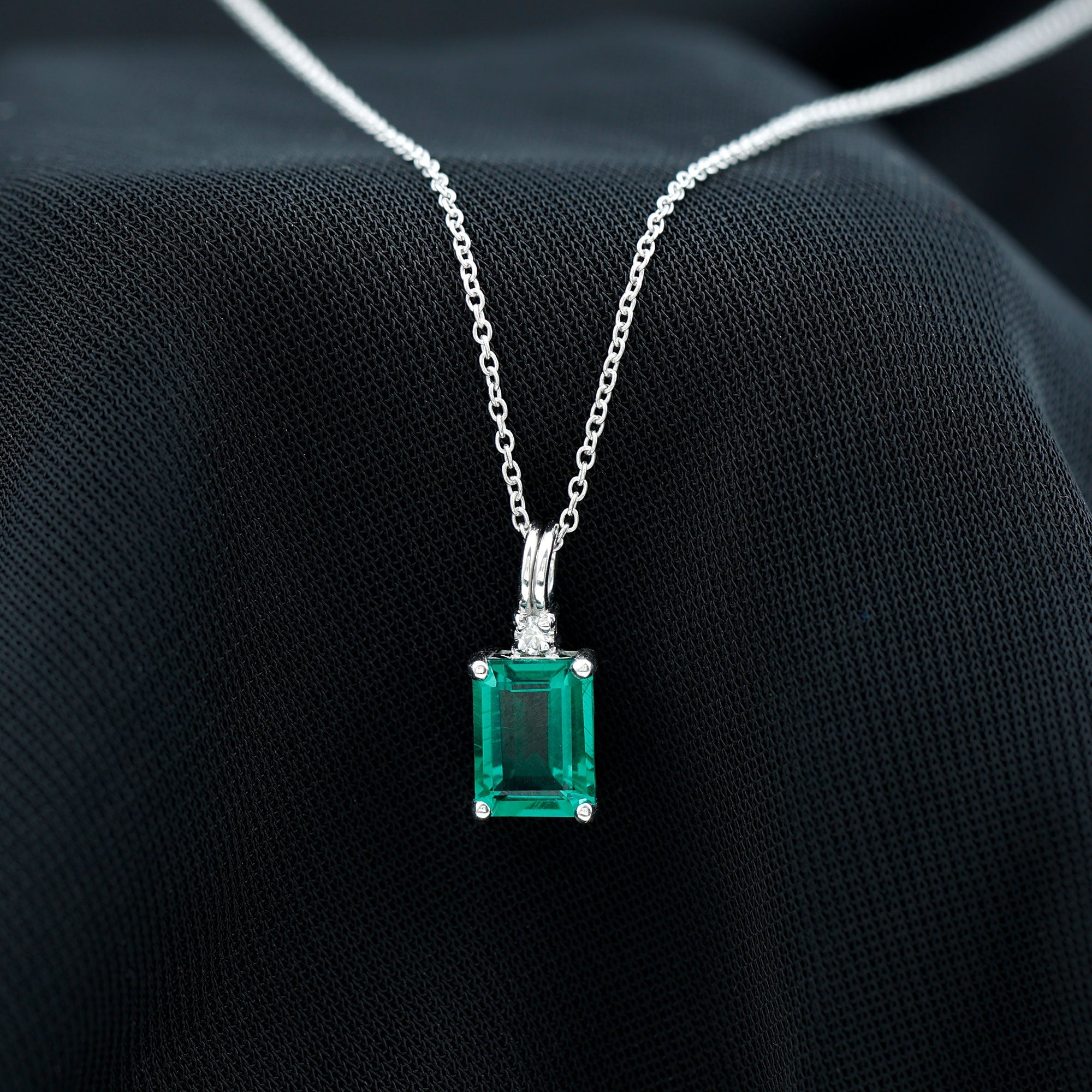 1.6 Carat Emerald Cut Lab Created Emerald Solitaire Necklace with Diamond