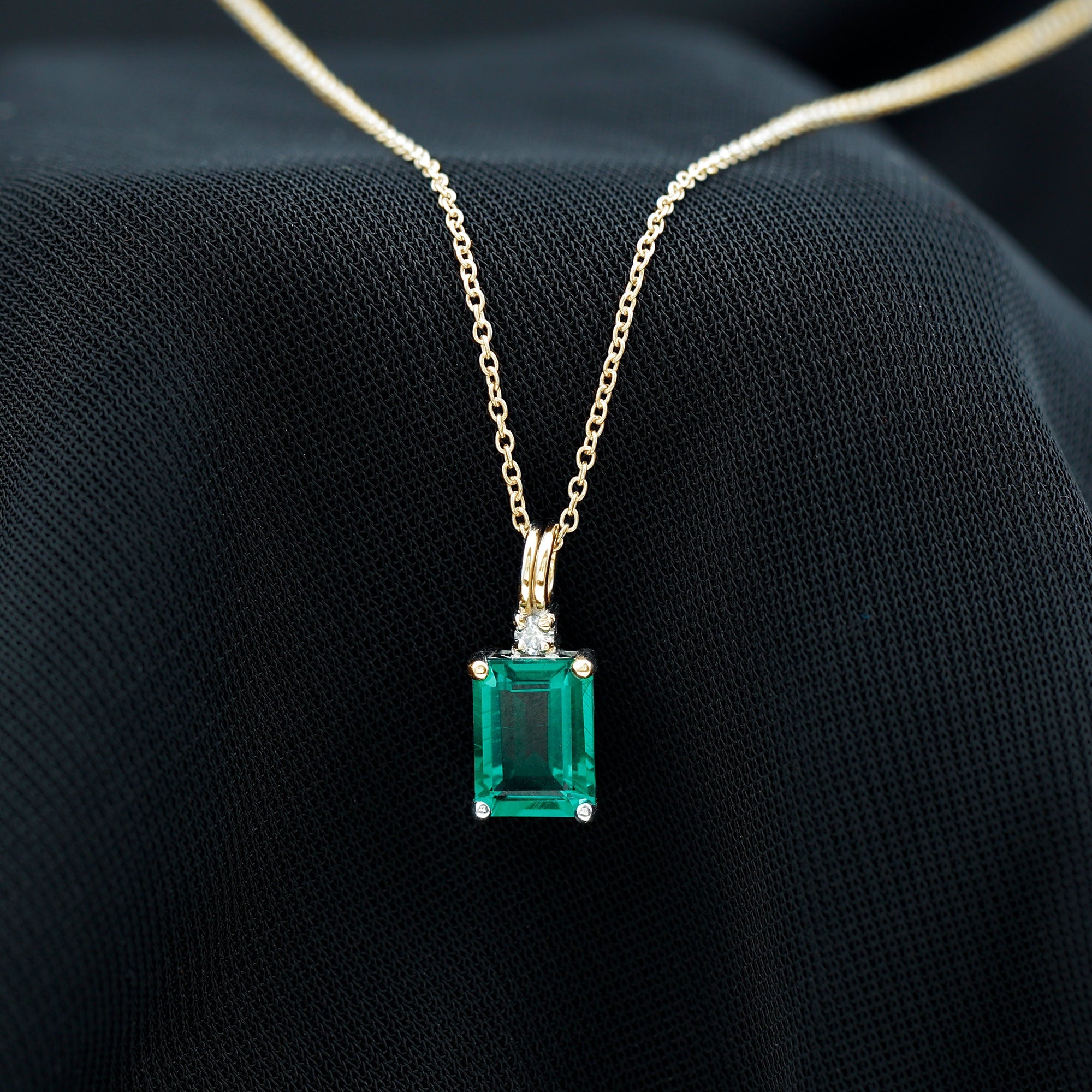 1.6 Carat Emerald Cut Lab Created Emerald Solitaire Necklace with Diamond