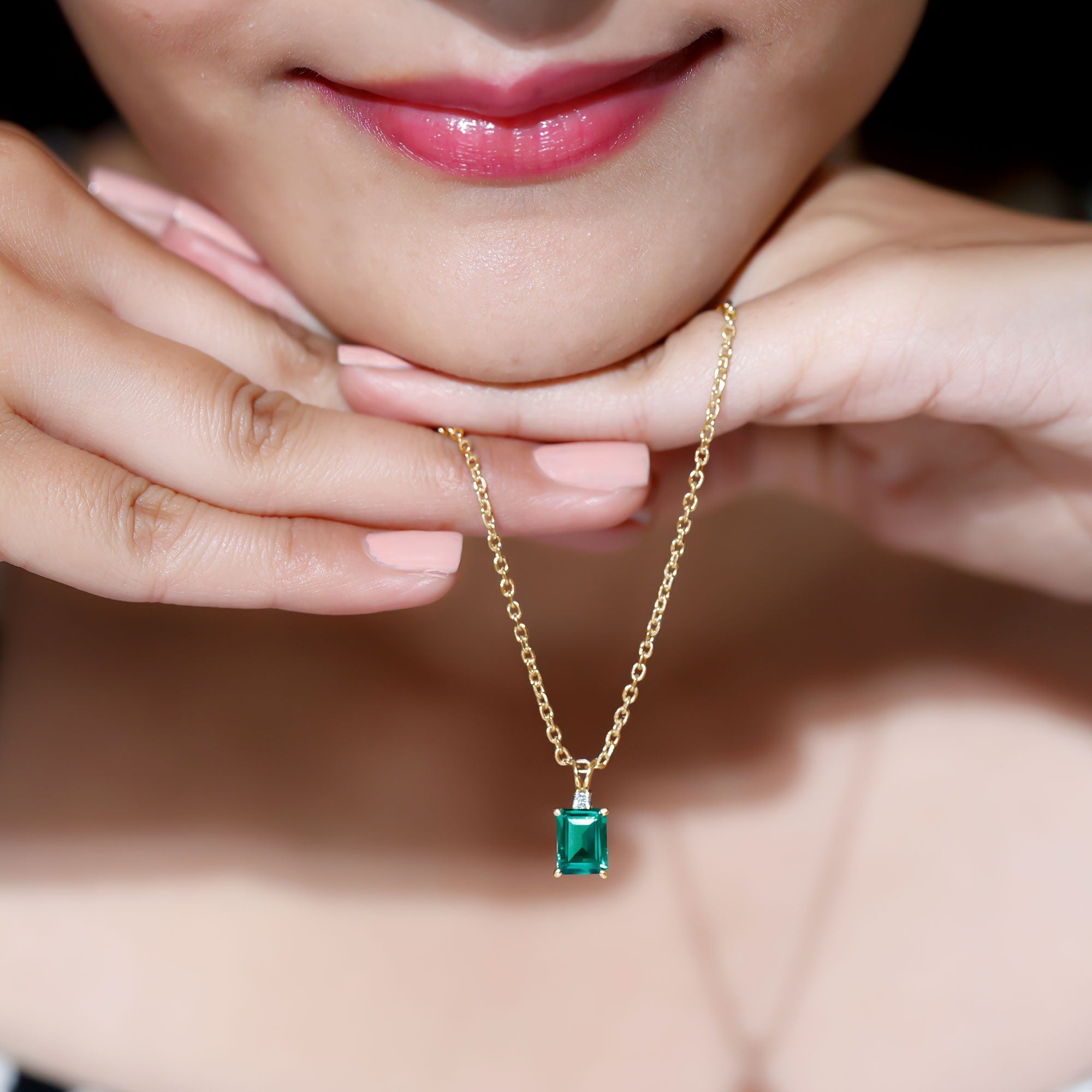 1.6 Carat Emerald Cut Lab Created Emerald Solitaire Necklace with Diamond