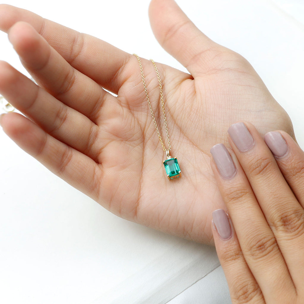 1.6 Carat Emerald Cut Lab Created Emerald Solitaire Necklace with Diamond