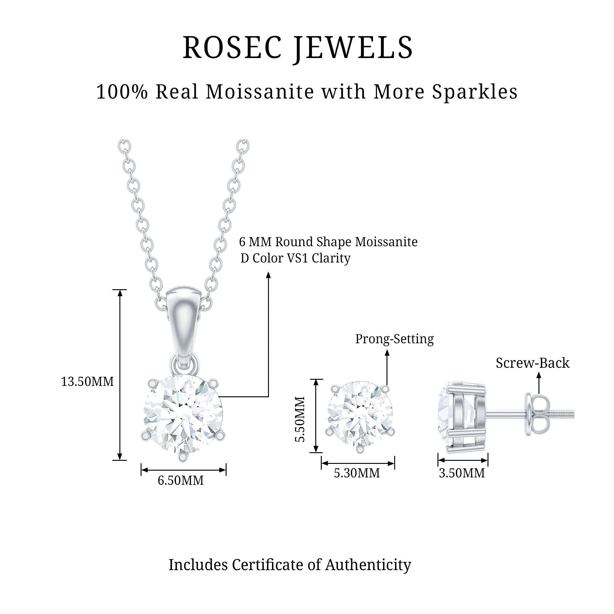 Certified Round Shape Moissanite Solitaire Jewelry Set