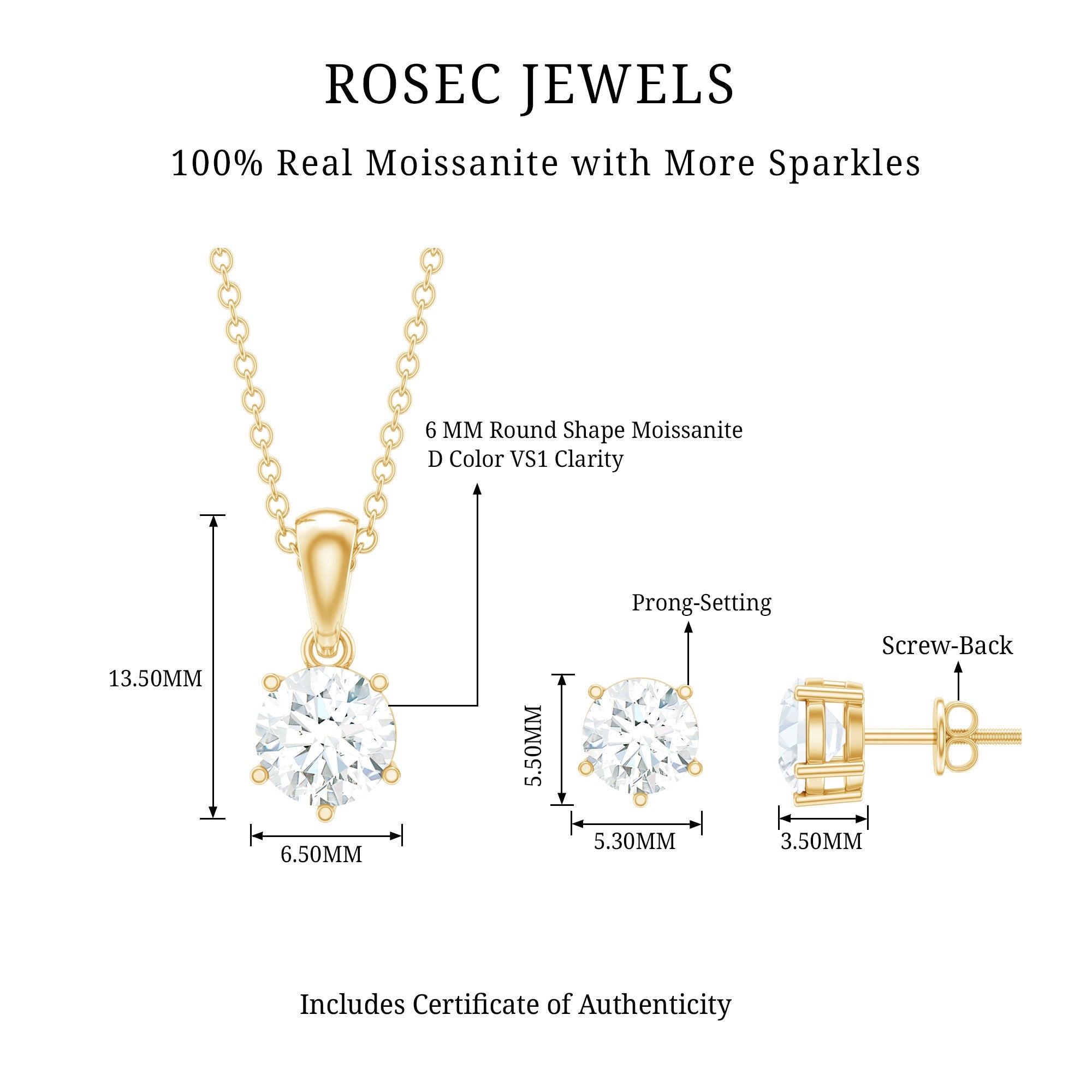 Certified Round Shape Moissanite Solitaire Jewelry Set