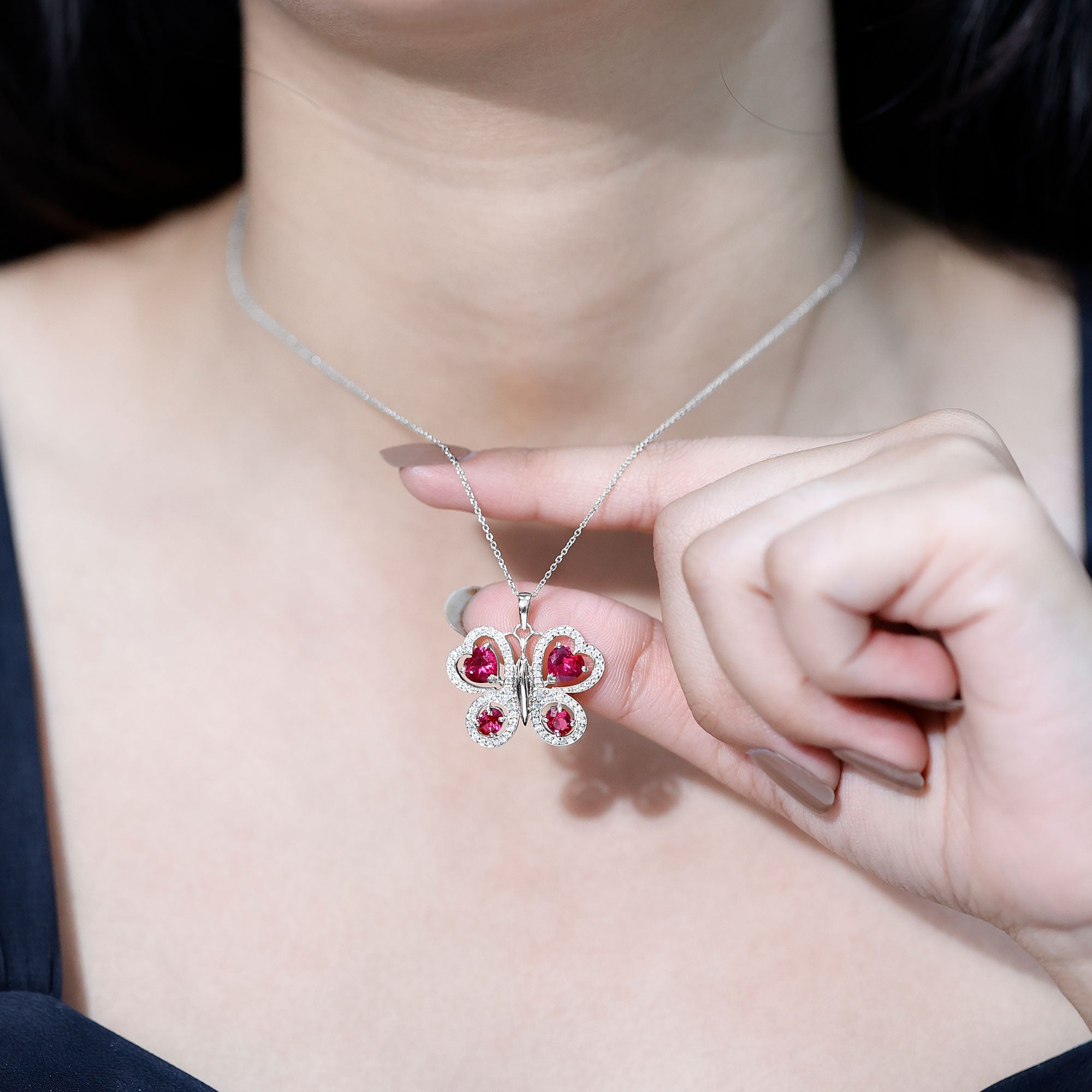 Certified Created Ruby Butterfly Pendant Necklace with Moissanite