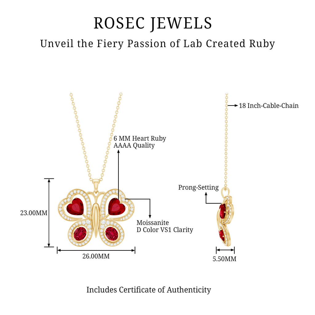Certified Created Ruby Butterfly Pendant Necklace with Moissanite