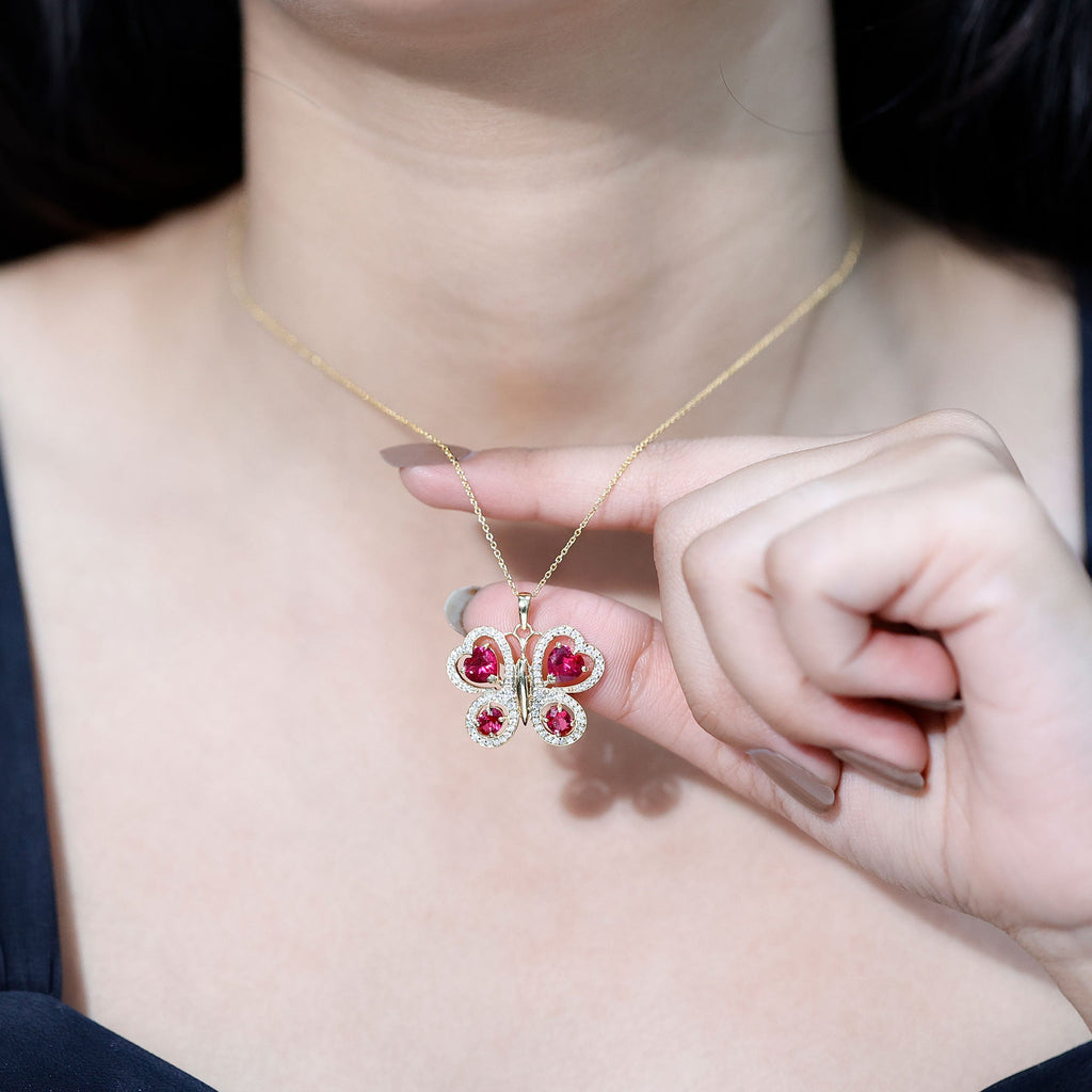 Certified Created Ruby Butterfly Pendant Necklace with Moissanite