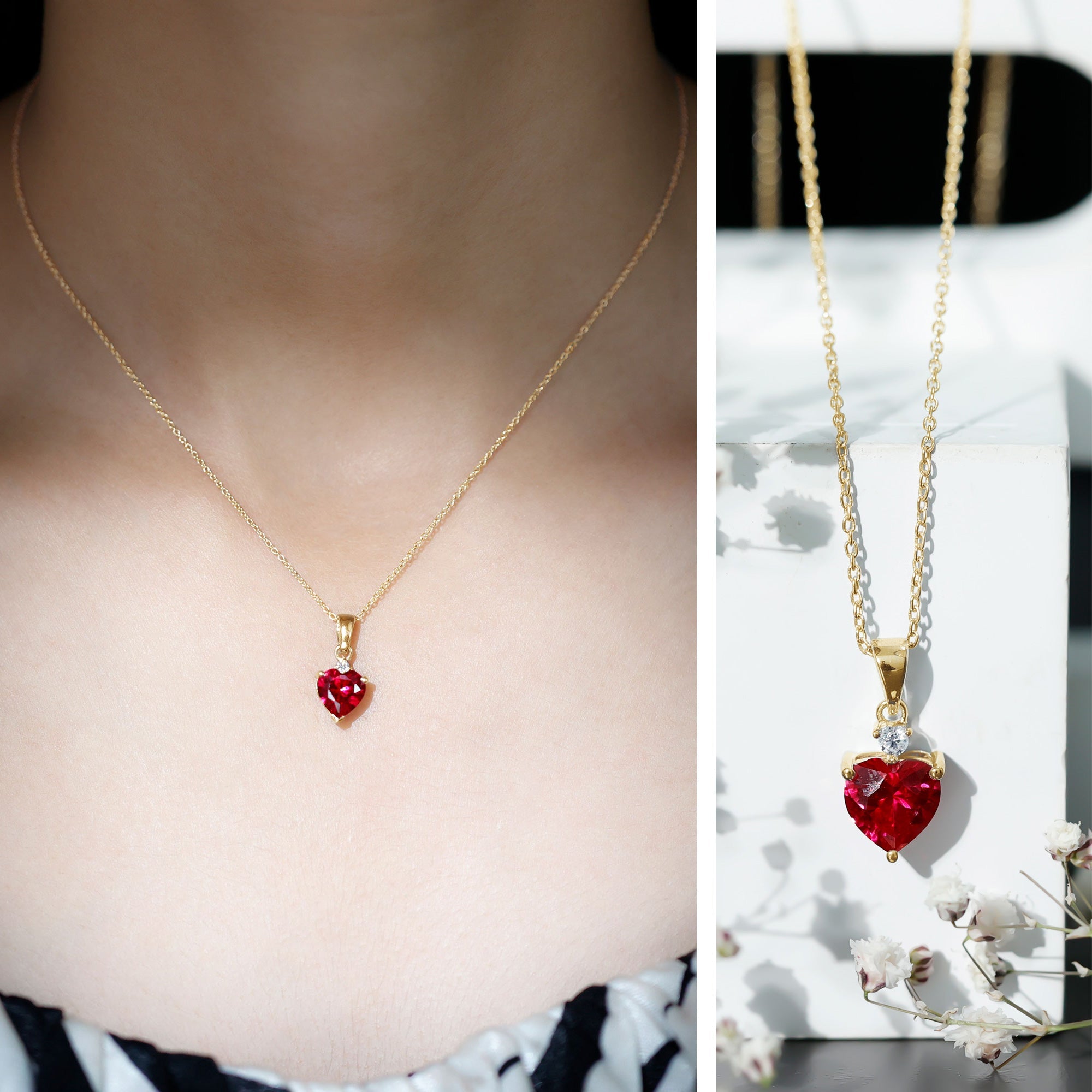 2 CT Lab Grown Ruby Heart Pendant Necklace with Moissanite