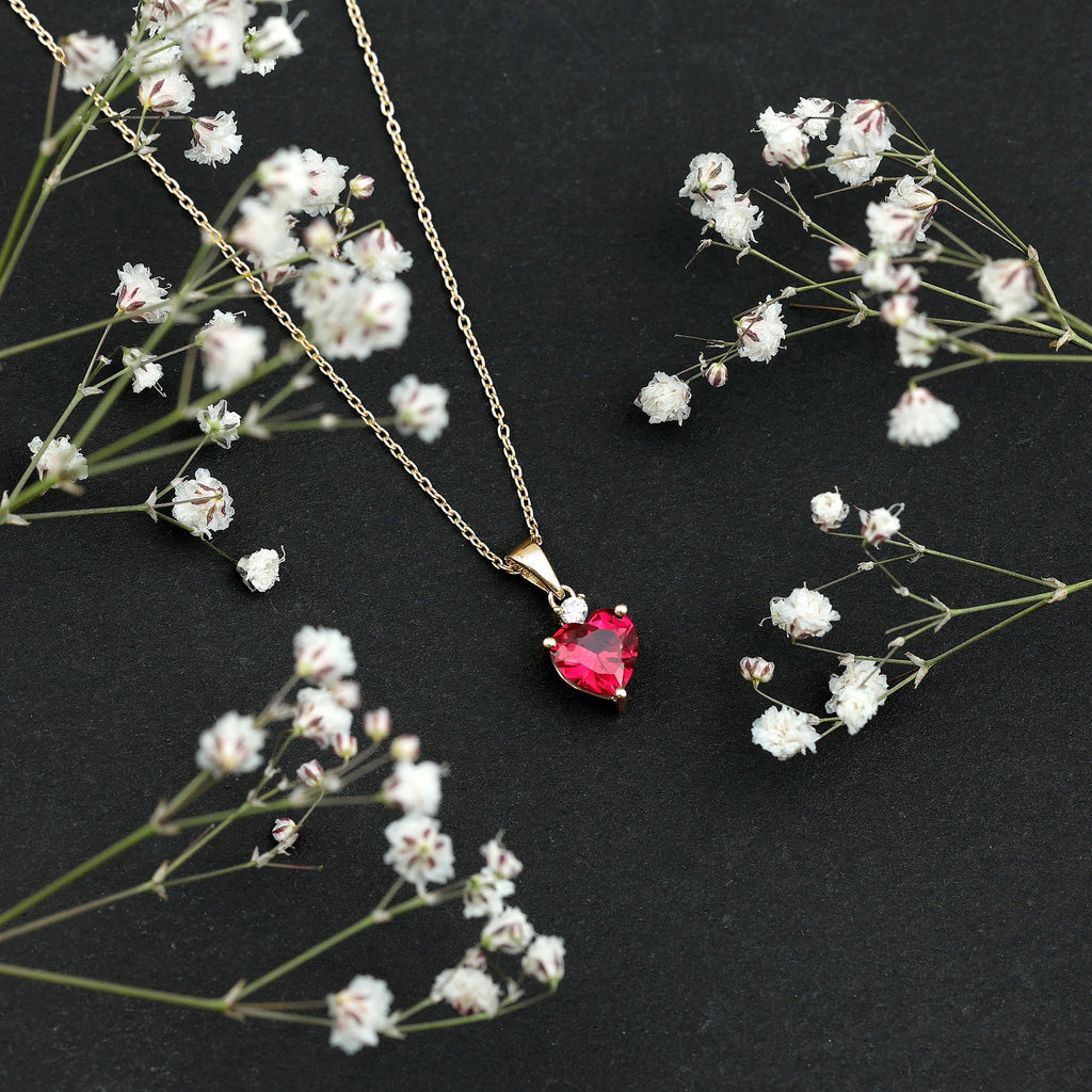 2 CT Lab Grown Ruby Heart Pendant Necklace with Moissanite