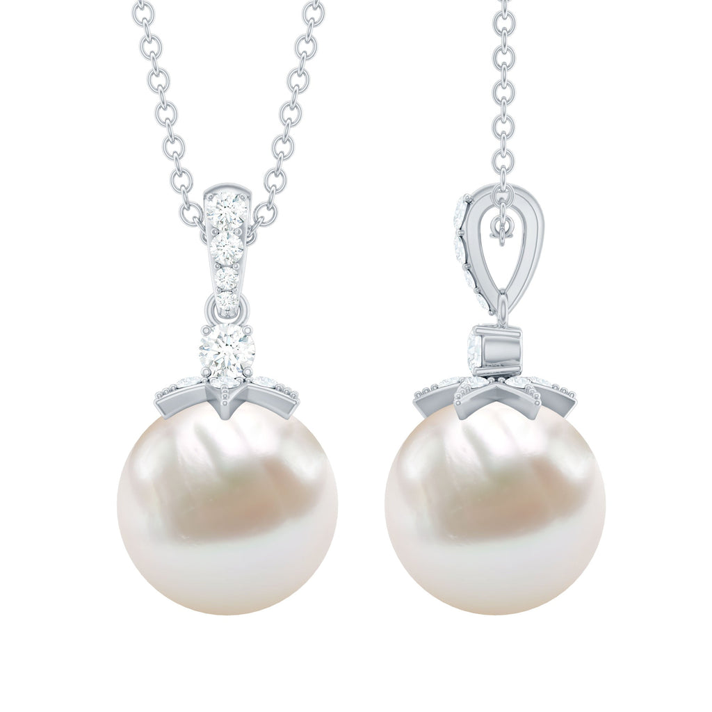 Real Freshwater Pearl and Diamond Drop Pendant Necklace