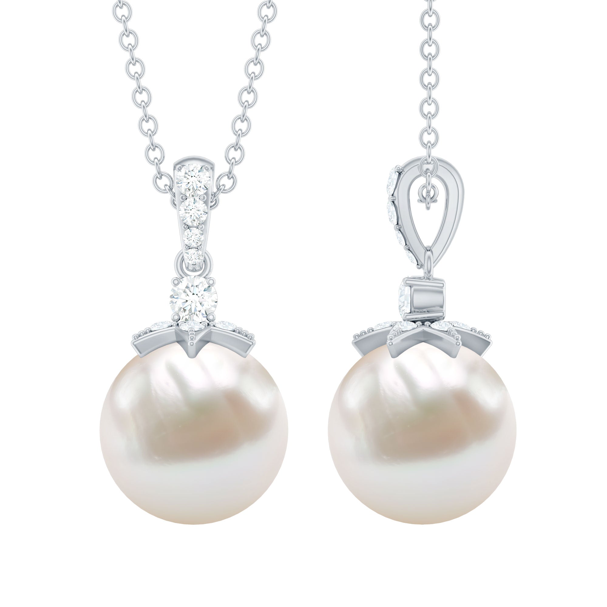 Real Freshwater Pearl and Diamond Drop Pendant Necklace