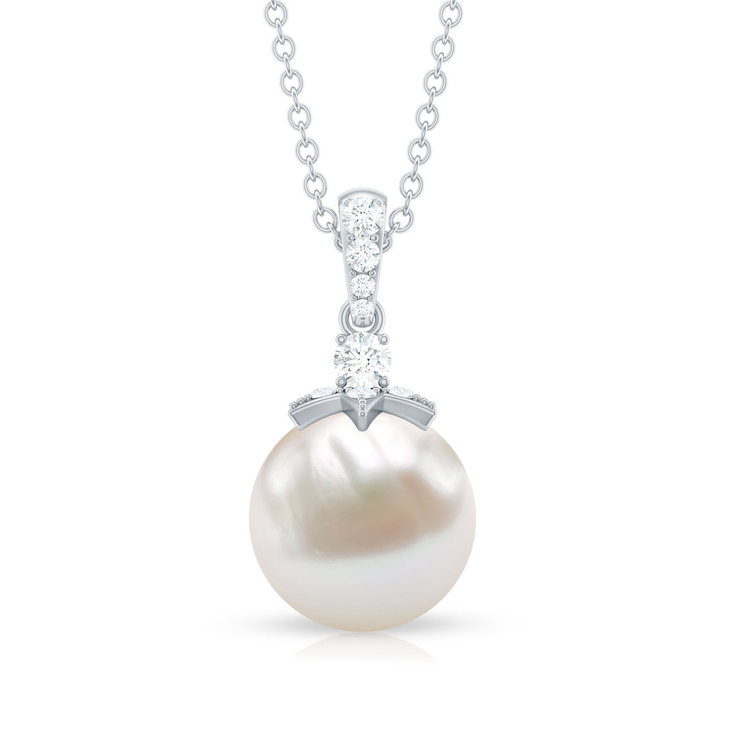 Real Freshwater Pearl and Diamond Drop Pendant Necklace
