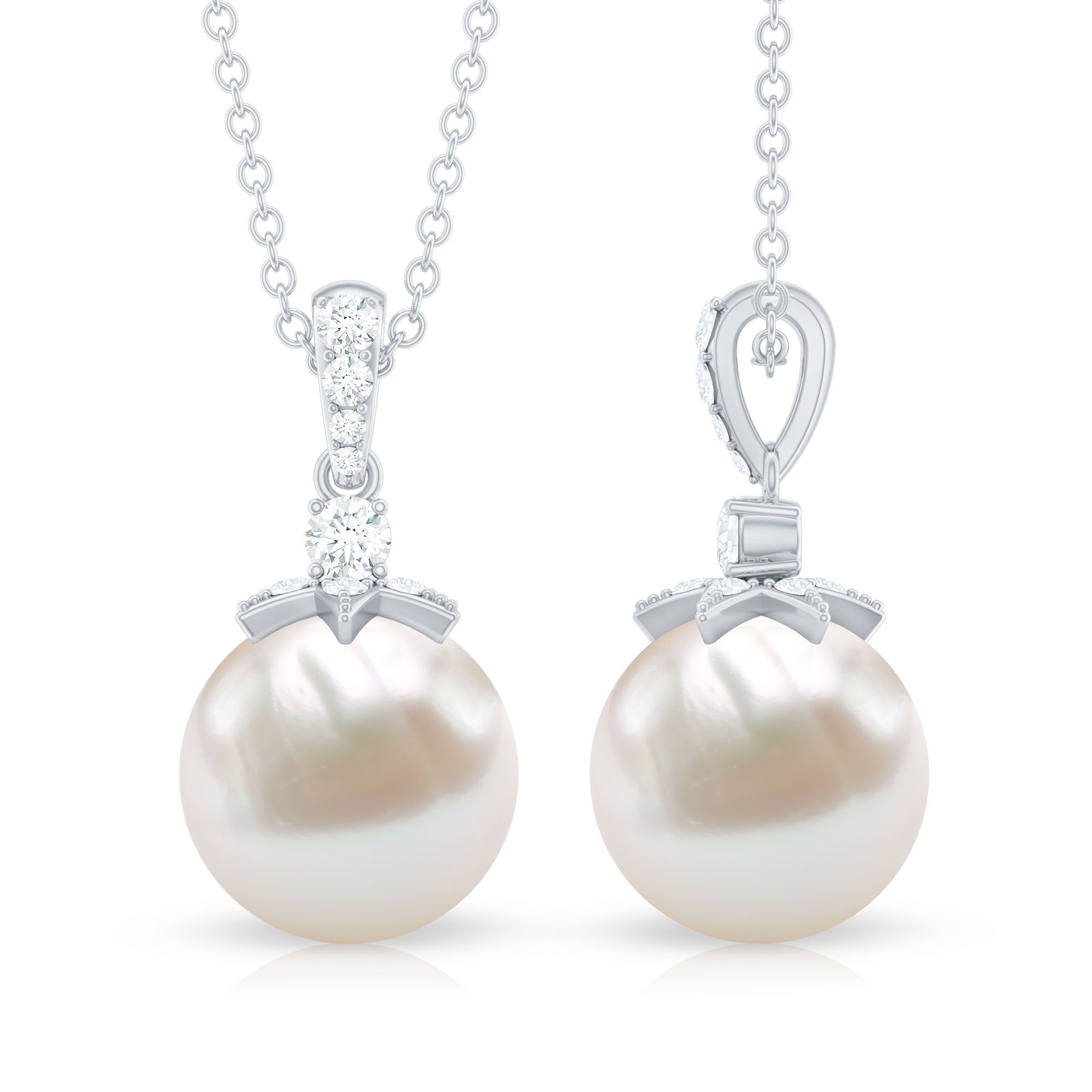 Real Freshwater Pearl and Diamond Drop Pendant Necklace
