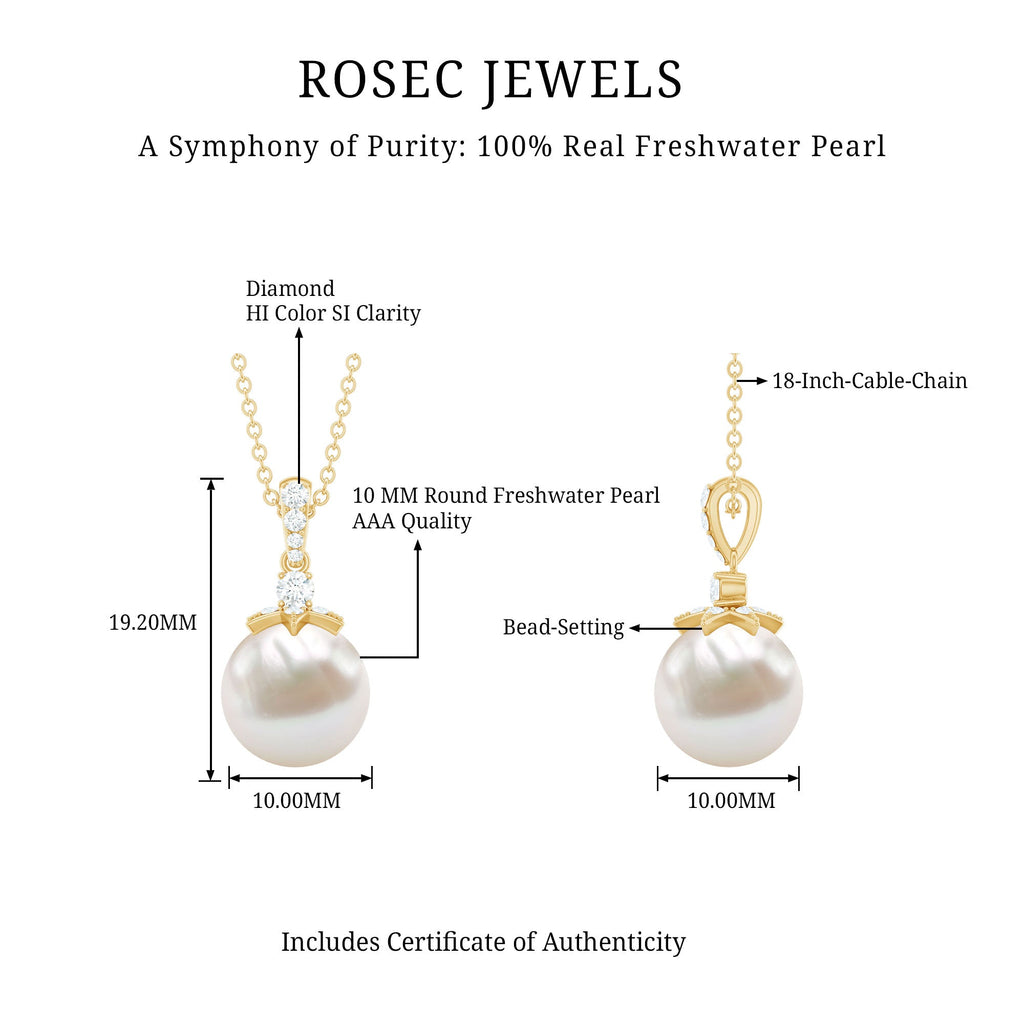 Real Freshwater Pearl and Diamond Drop Pendant Necklace