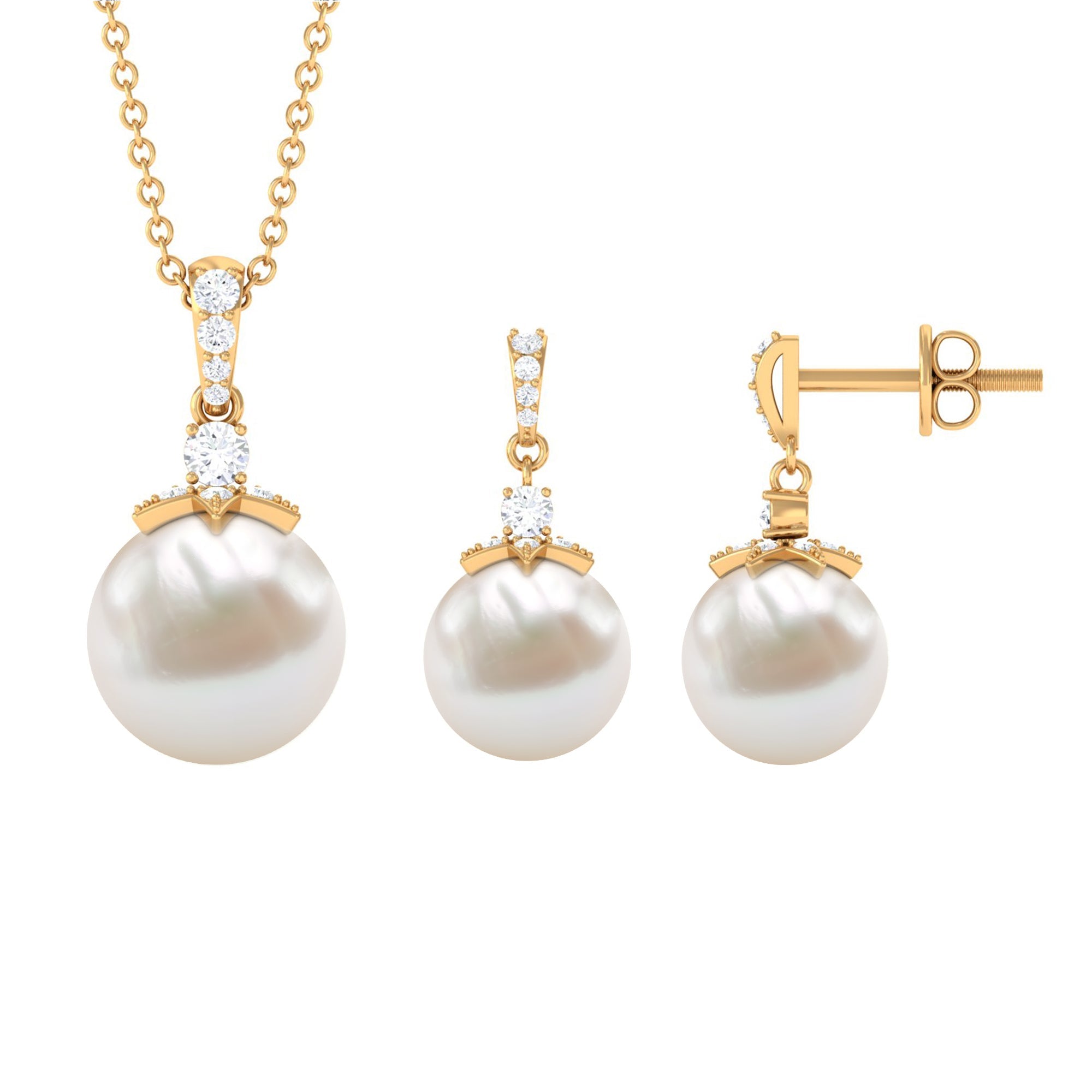 Real Freshwater Pearl and Diamond Drop Pendant and Earrings Set