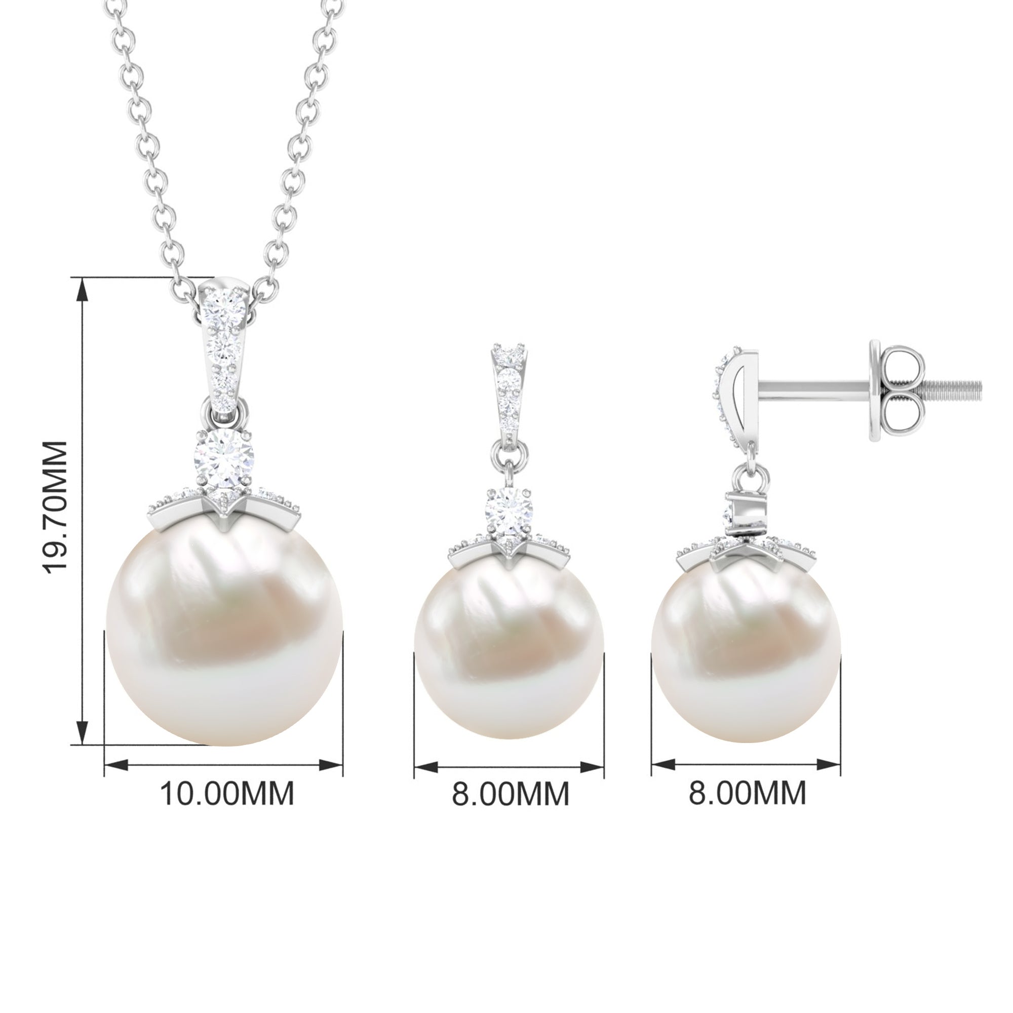 Real Freshwater Pearl and Diamond Drop Pendant and Earrings Set