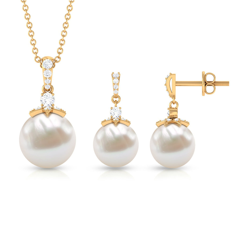 Real Freshwater Pearl and Diamond Drop Pendant and Earrings Set