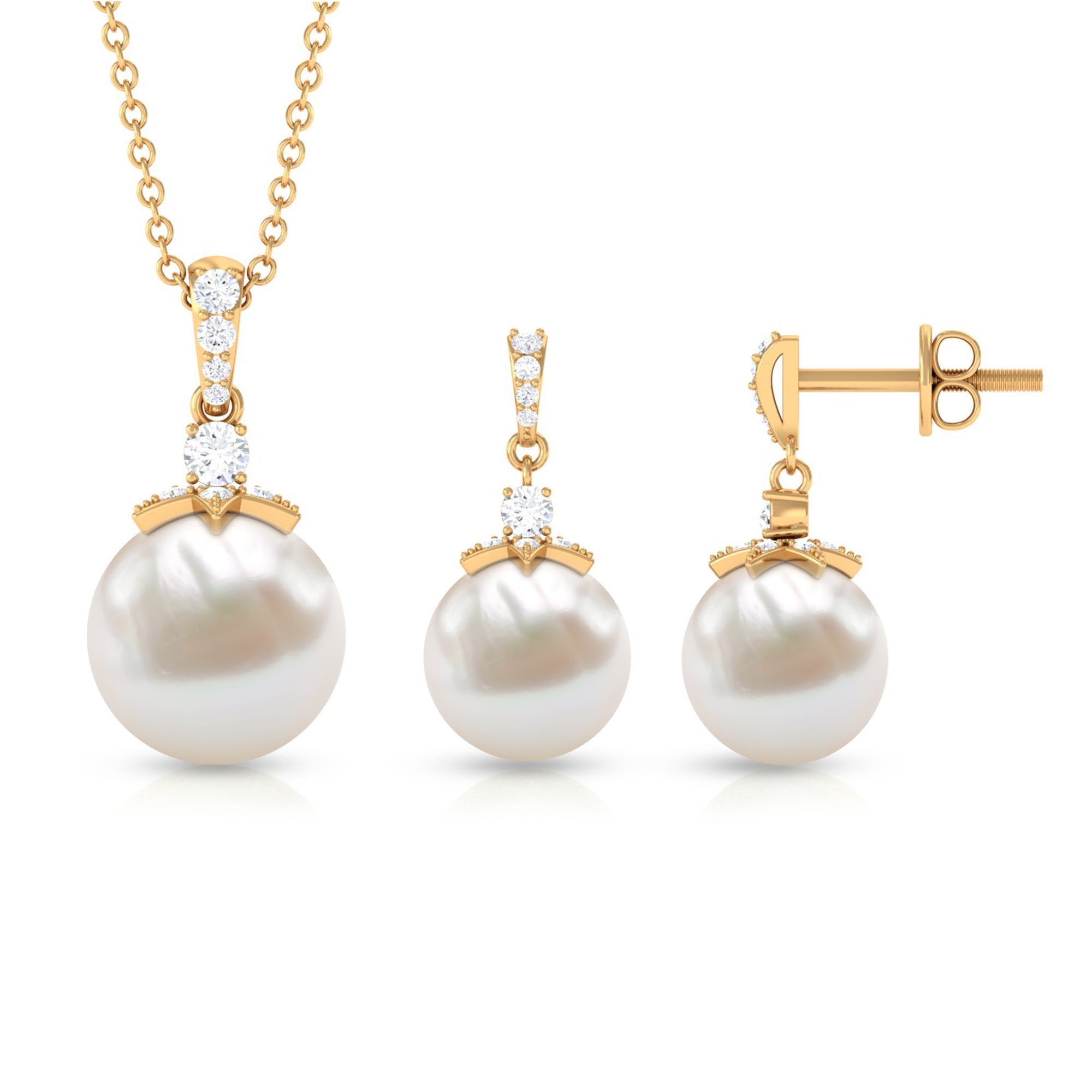 Real Freshwater Pearl and Diamond Drop Pendant and Earrings Set