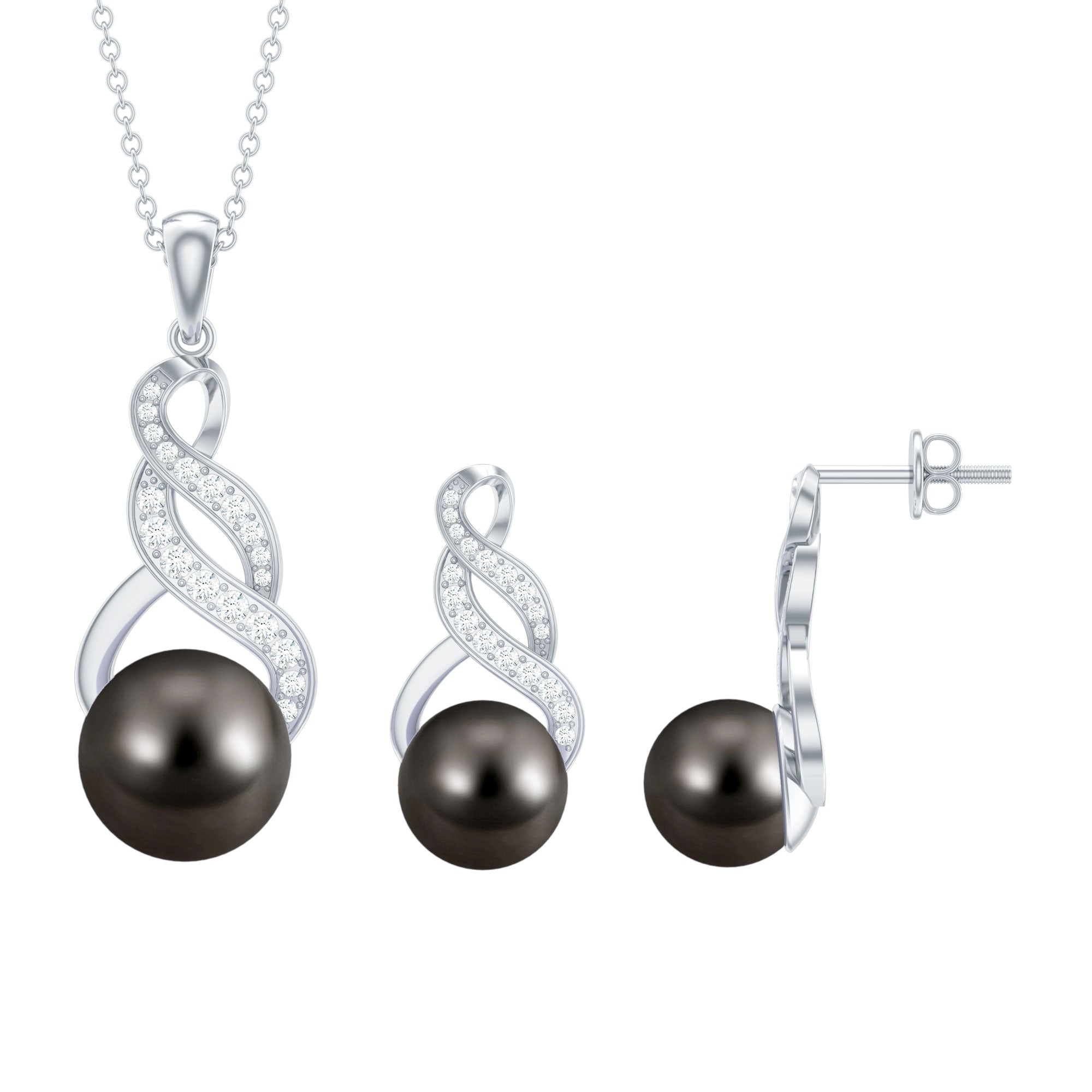 Natural Tahitian Pearl Bridal Infinity Drop Jewelry Set with Moissanite