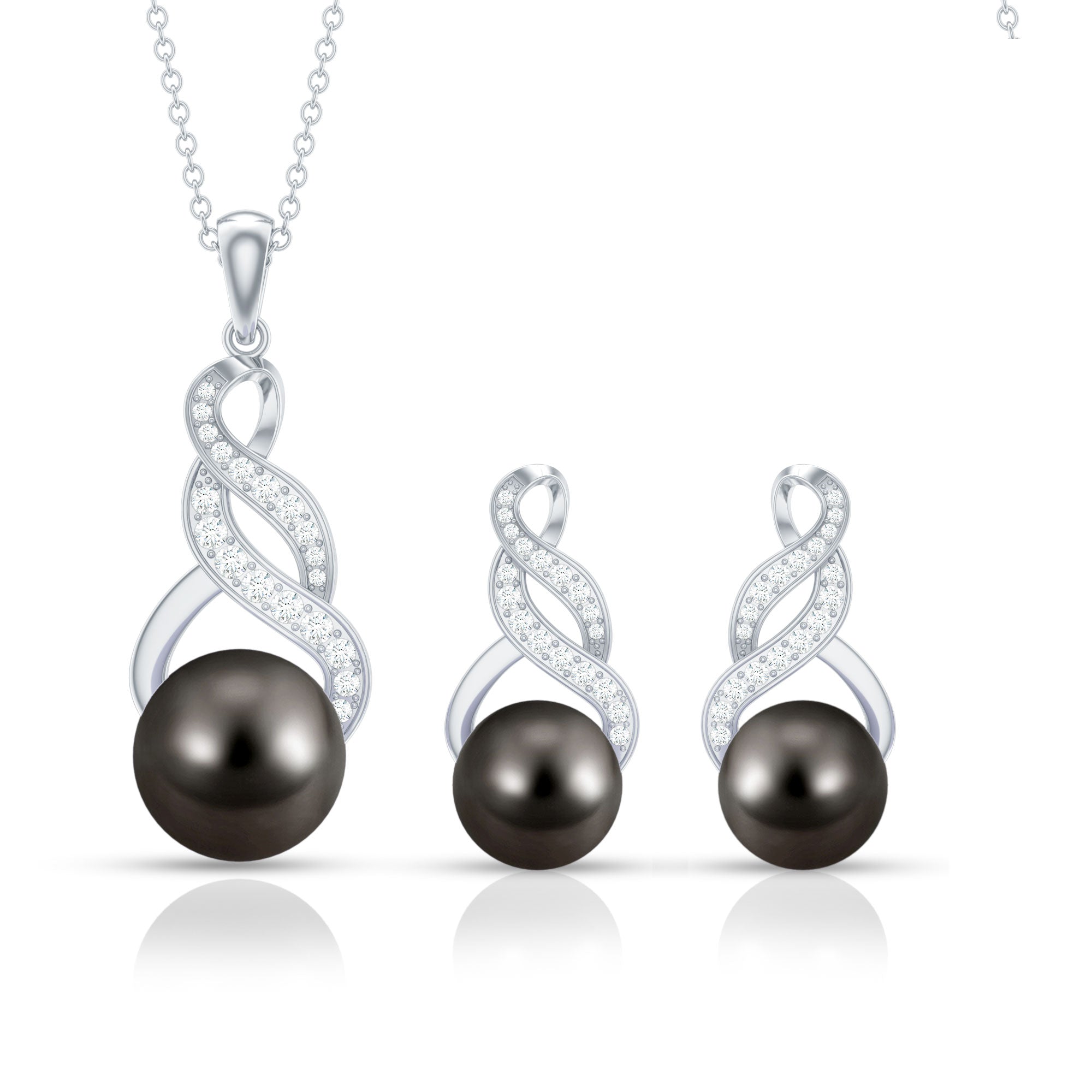 Natural Tahitian Pearl Bridal Infinity Drop Jewelry Set with Moissanite