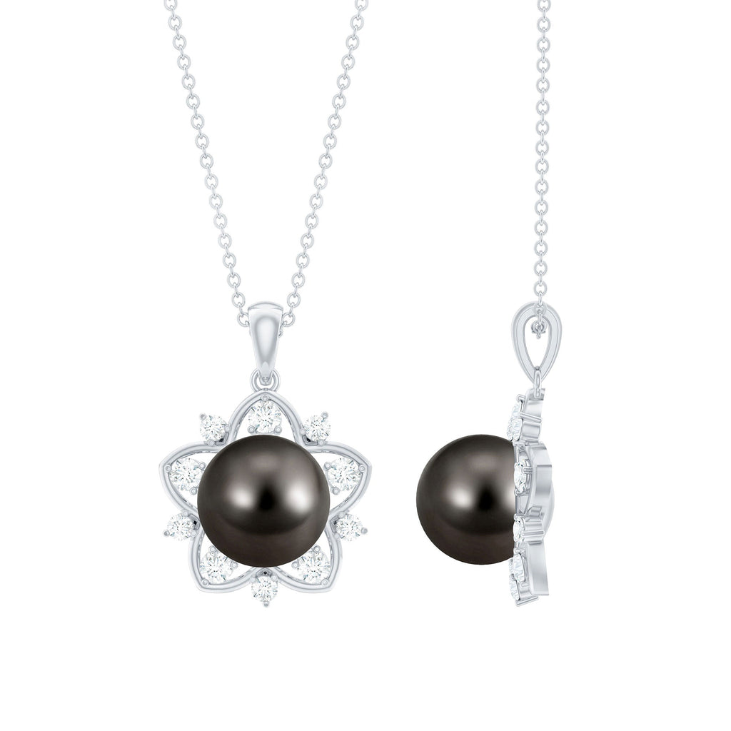 Real Tahitian Pearl and Diamond Star Pendant Necklace With Chain