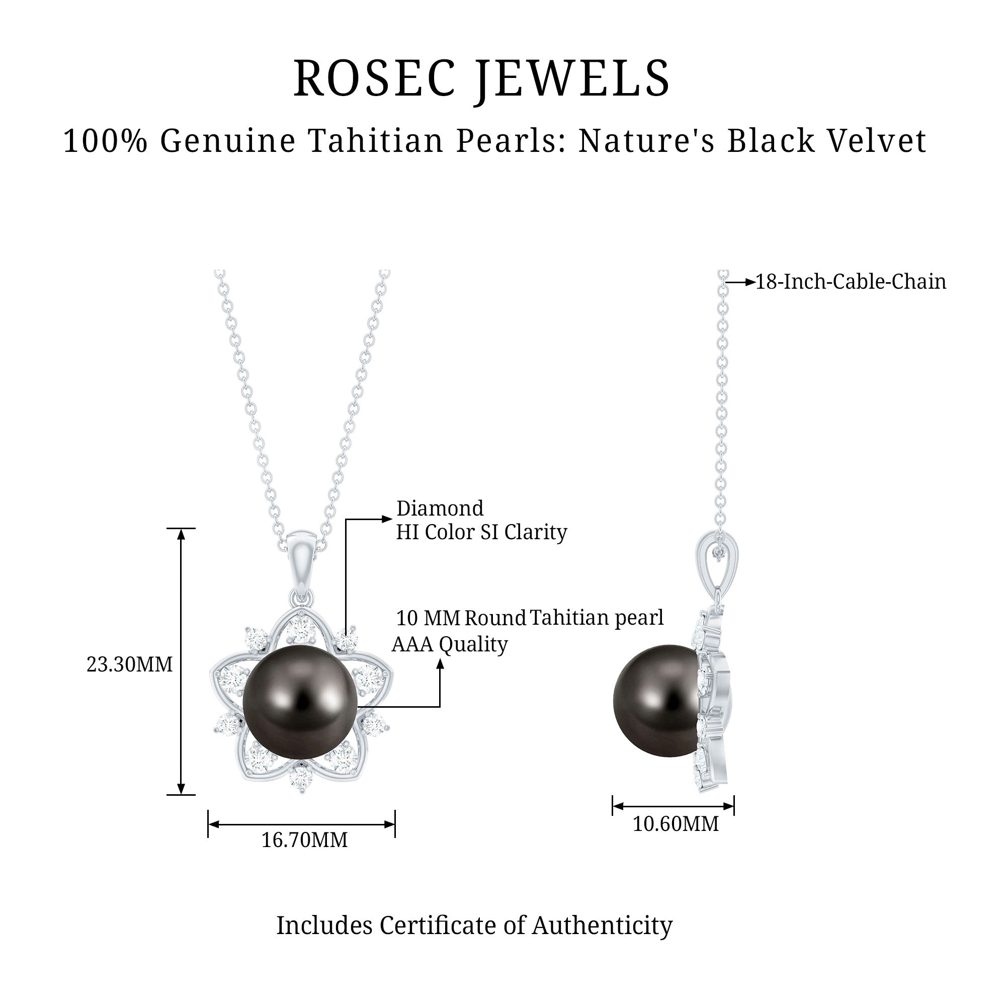 Real Tahitian Pearl and Diamond Star Pendant Necklace With Chain