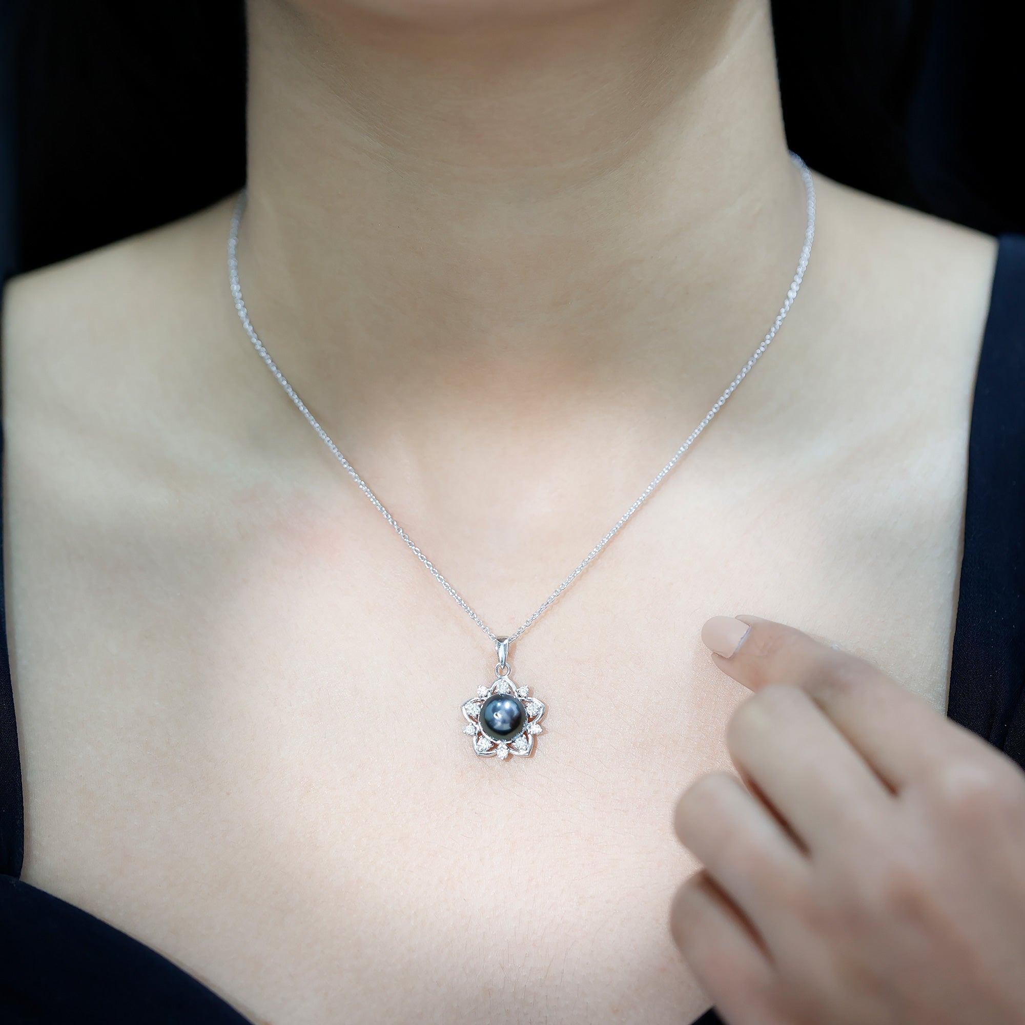 Real Tahitian Pearl and Diamond Star Pendant Necklace With Chain