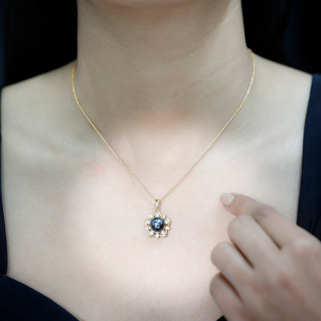 Real Tahitian Pearl and Diamond Star Pendant Necklace With Chain