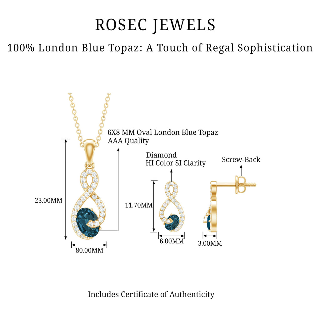 Oval Cut London Blue Topaz Infinity jewelry Set with Diamonds