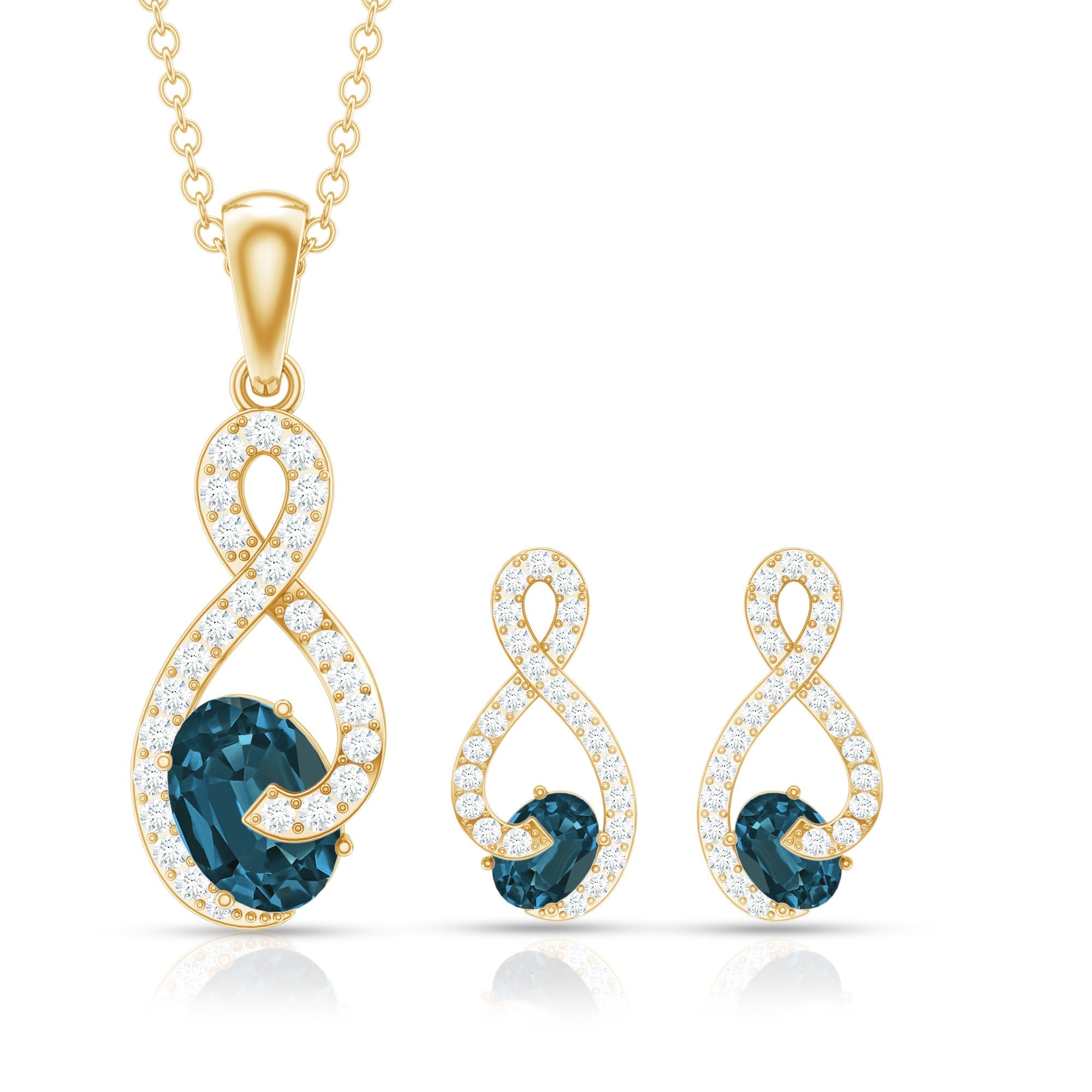 Oval Cut London Blue Topaz Infinity jewelry Set with Diamonds