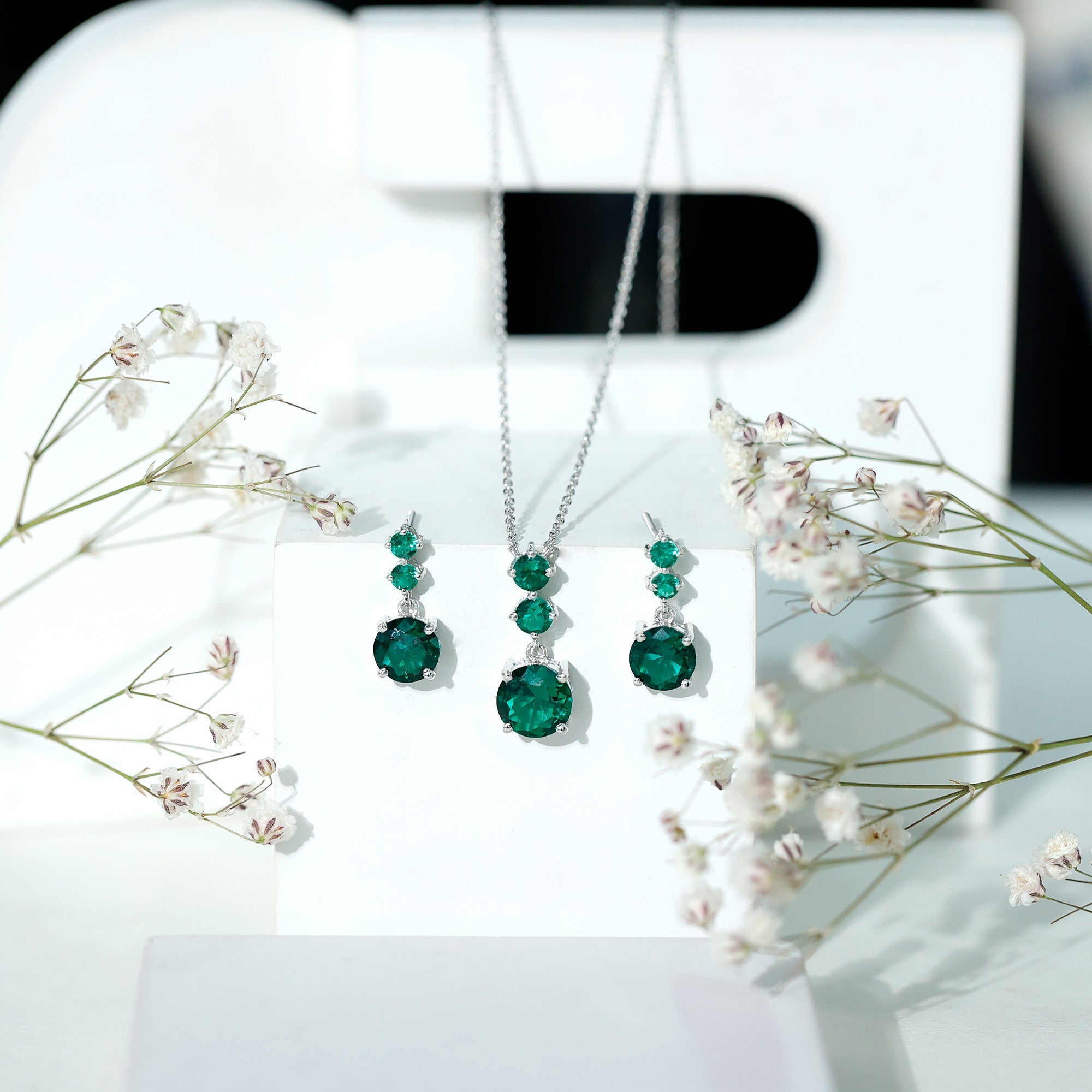 Certified Lab Created Emerald Dangle Necklace Earrings Set