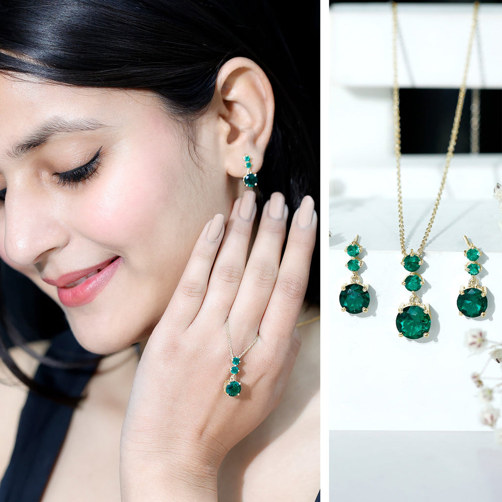 Certified Lab Created Emerald Dangle Necklace Earrings Set