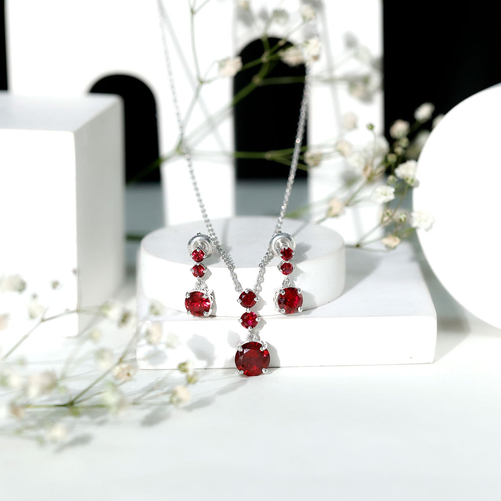 Lab Created Ruby Three Stone Dangle Jewelry Set