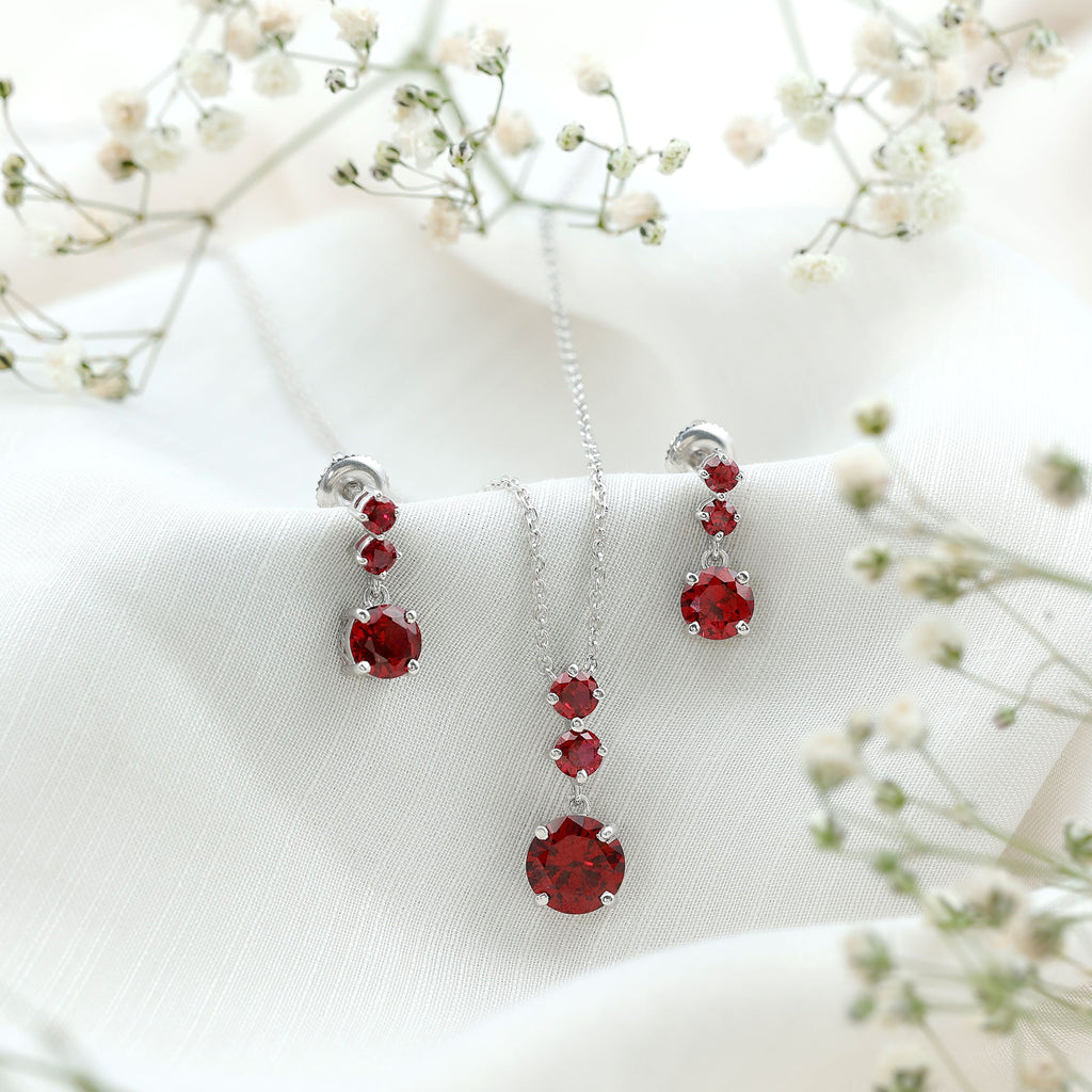 Lab Created Ruby Three Stone Dangle Jewelry Set