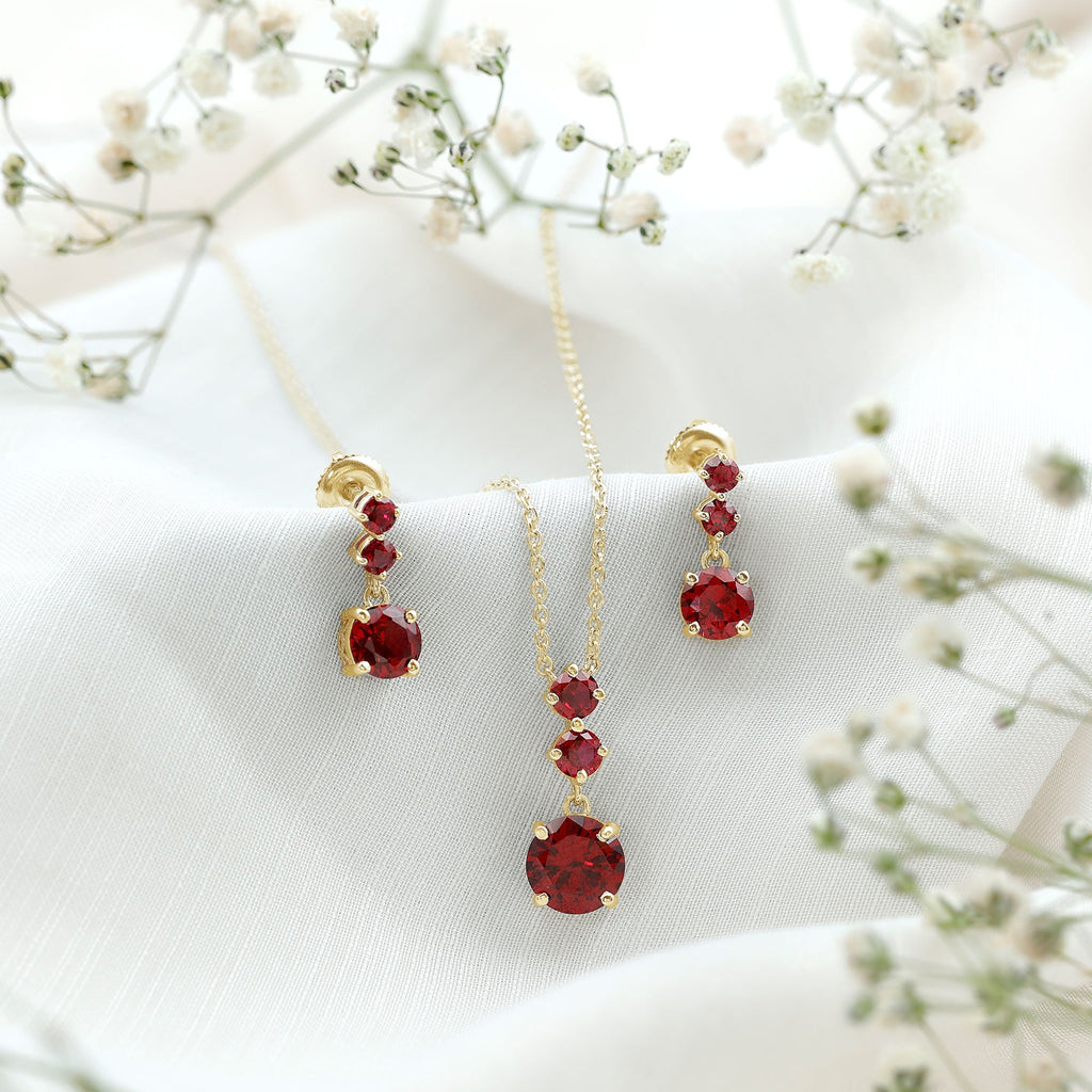 Lab Created Ruby Three Stone Dangle Jewelry Set