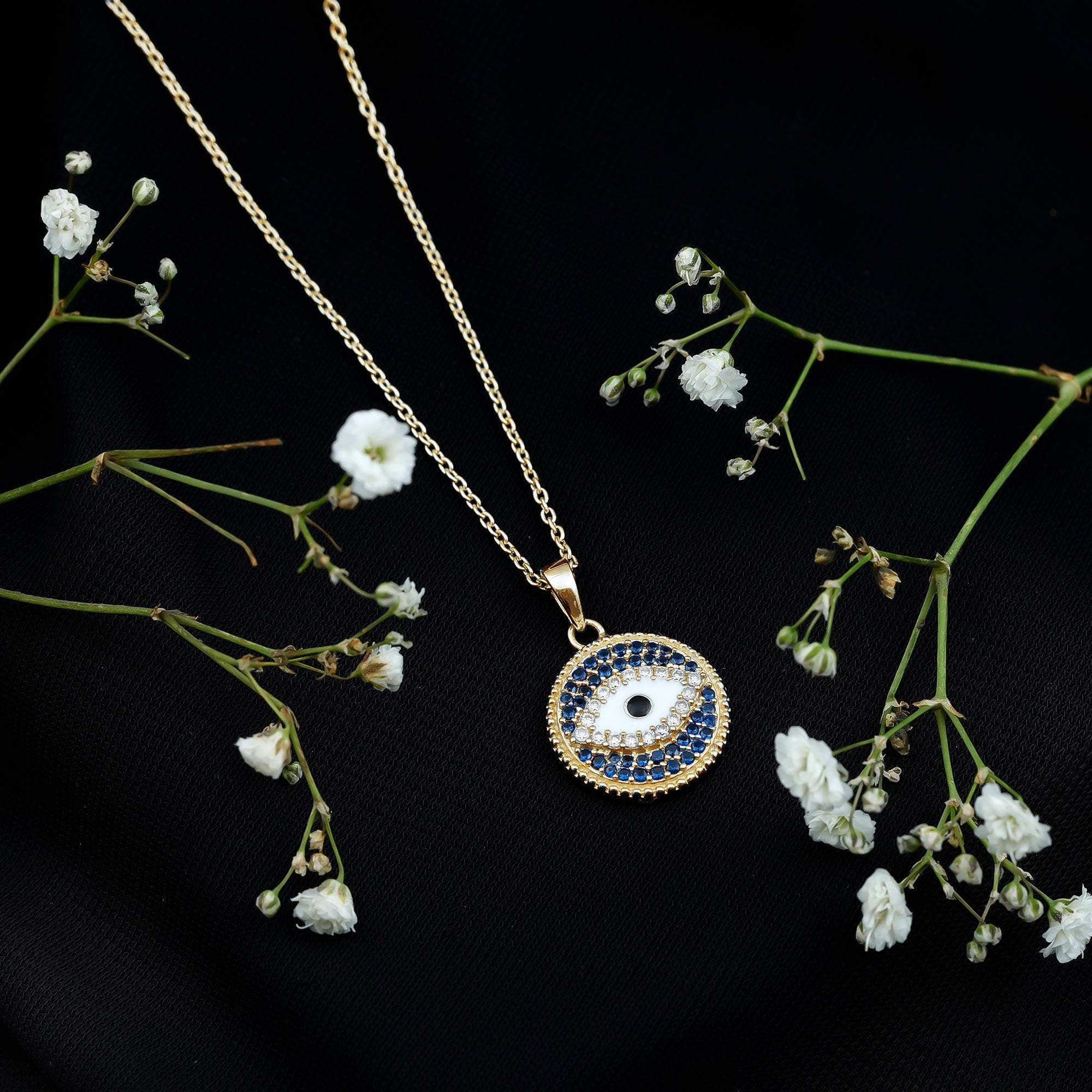 Evil Eye Necklace with Lab Grown Blue Sapphire and Moissanite