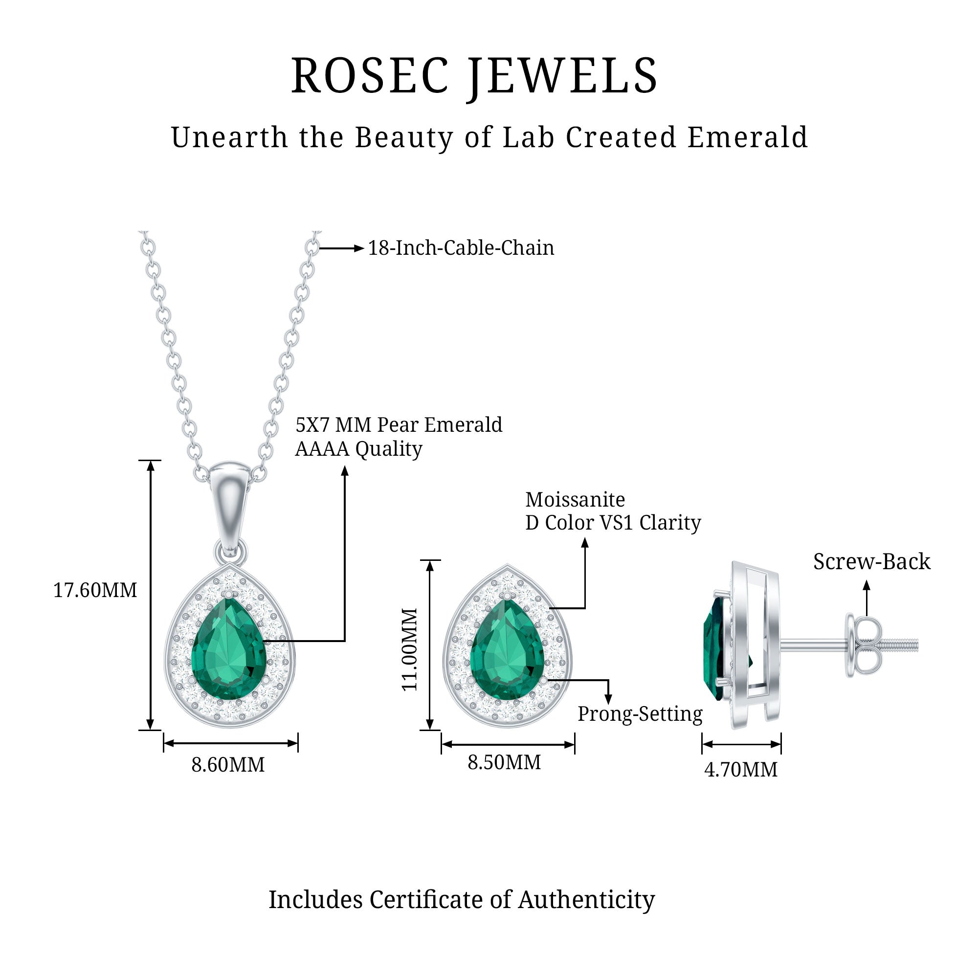 Pear Shaped Lab Created Emerald and Diamond Teardrop Jewelry Set
