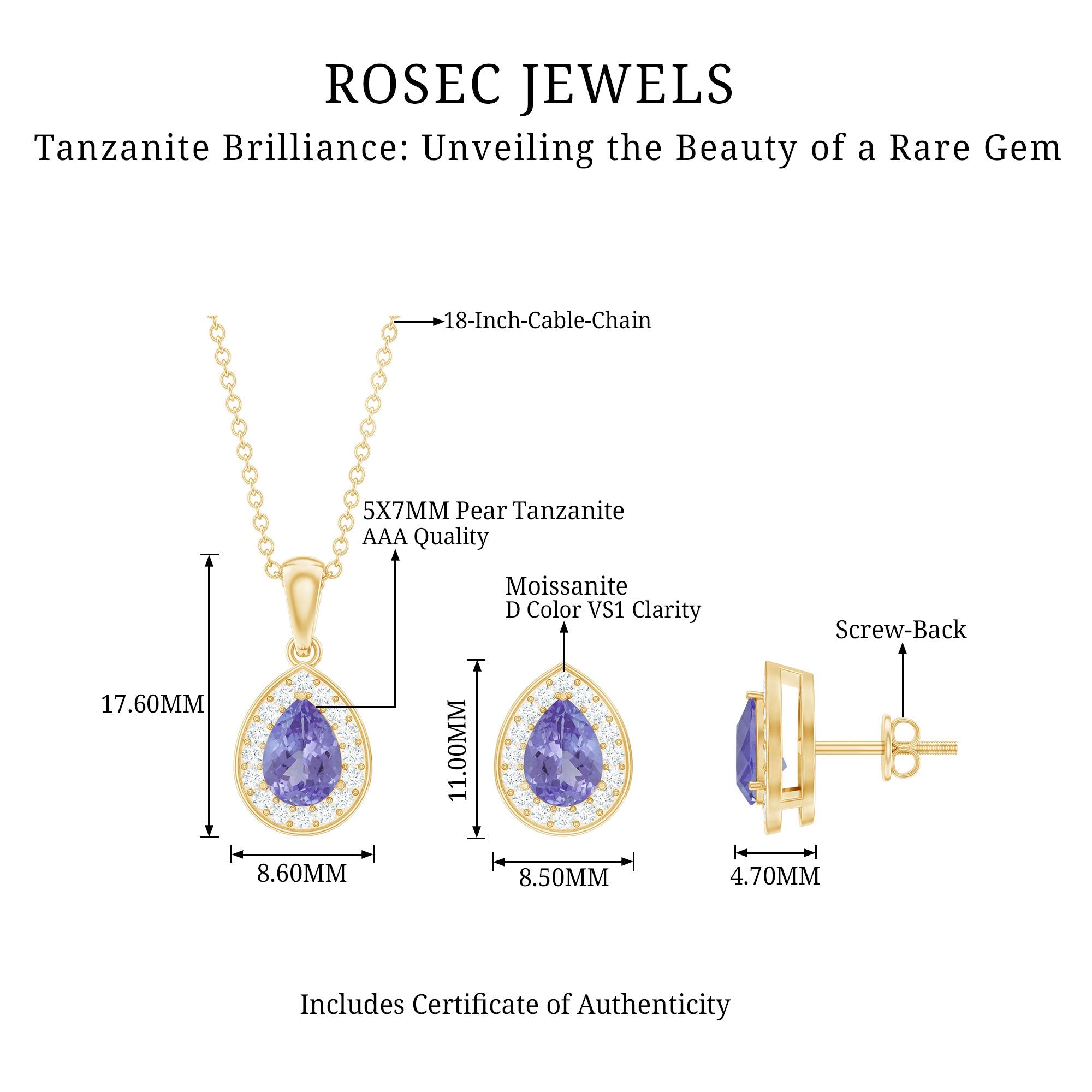 Certified Tanzanite Teardrop Jewelry Set with Moissanite Halo