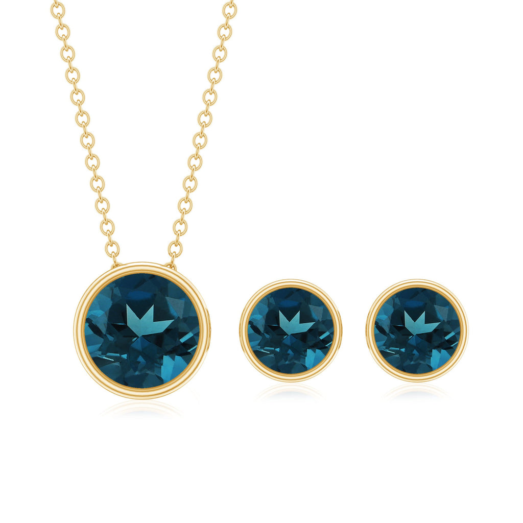 Round London Blue Topaz Solitaire Jewelry Set in Bezel Setting