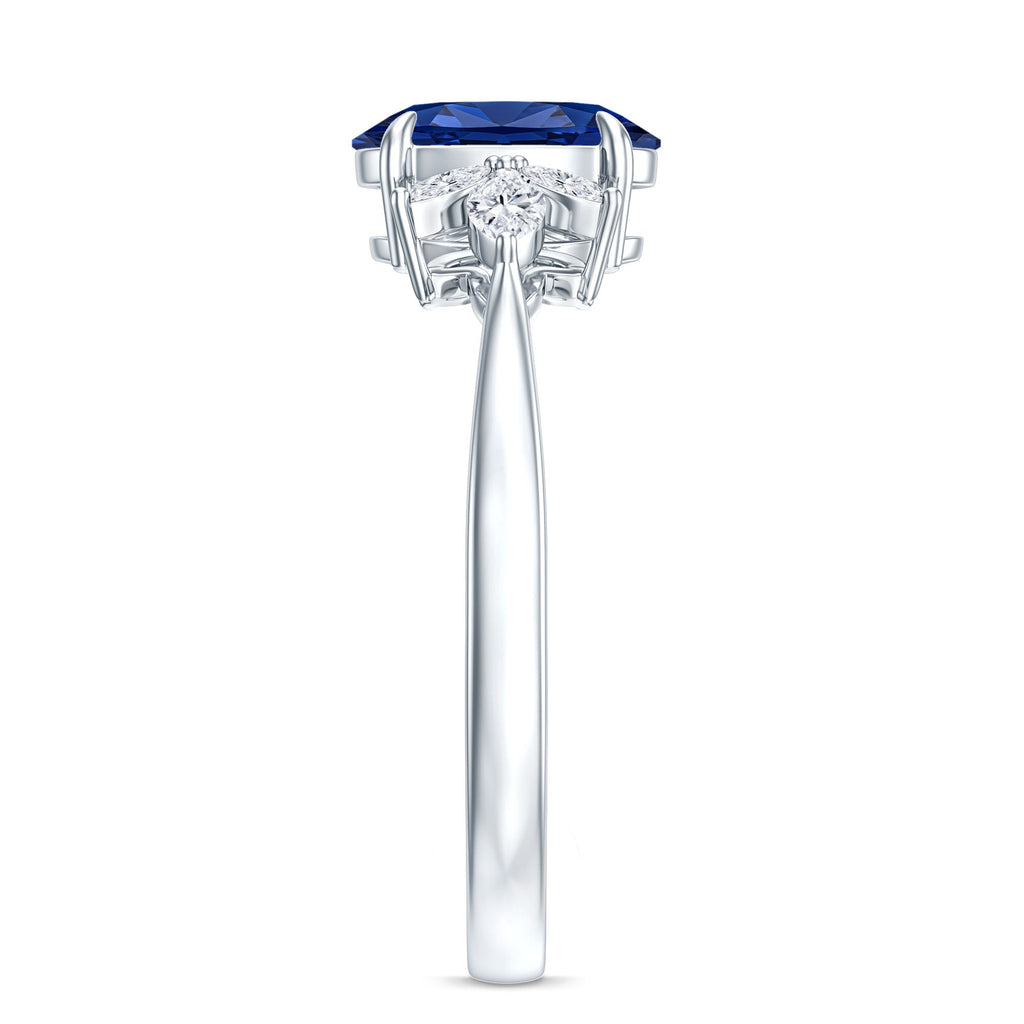 Certified 1.5 Carat Oval Lab Grown Blue Sapphire Engagement Ring with Diamond Trio