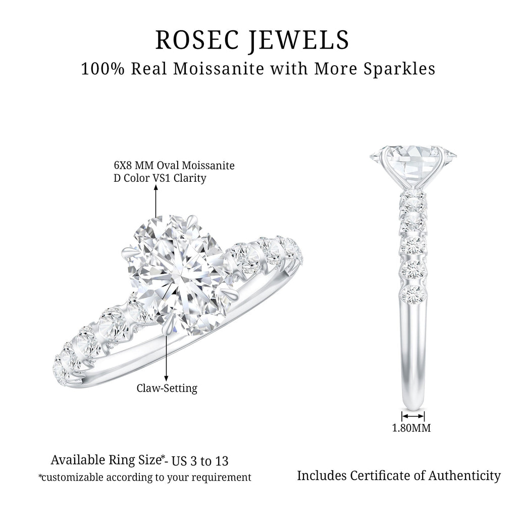 Oval Moissanite Solitaire Engagement Ring with Side Stones