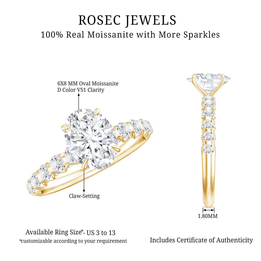 Oval Moissanite Solitaire Engagement Ring with Side Stones