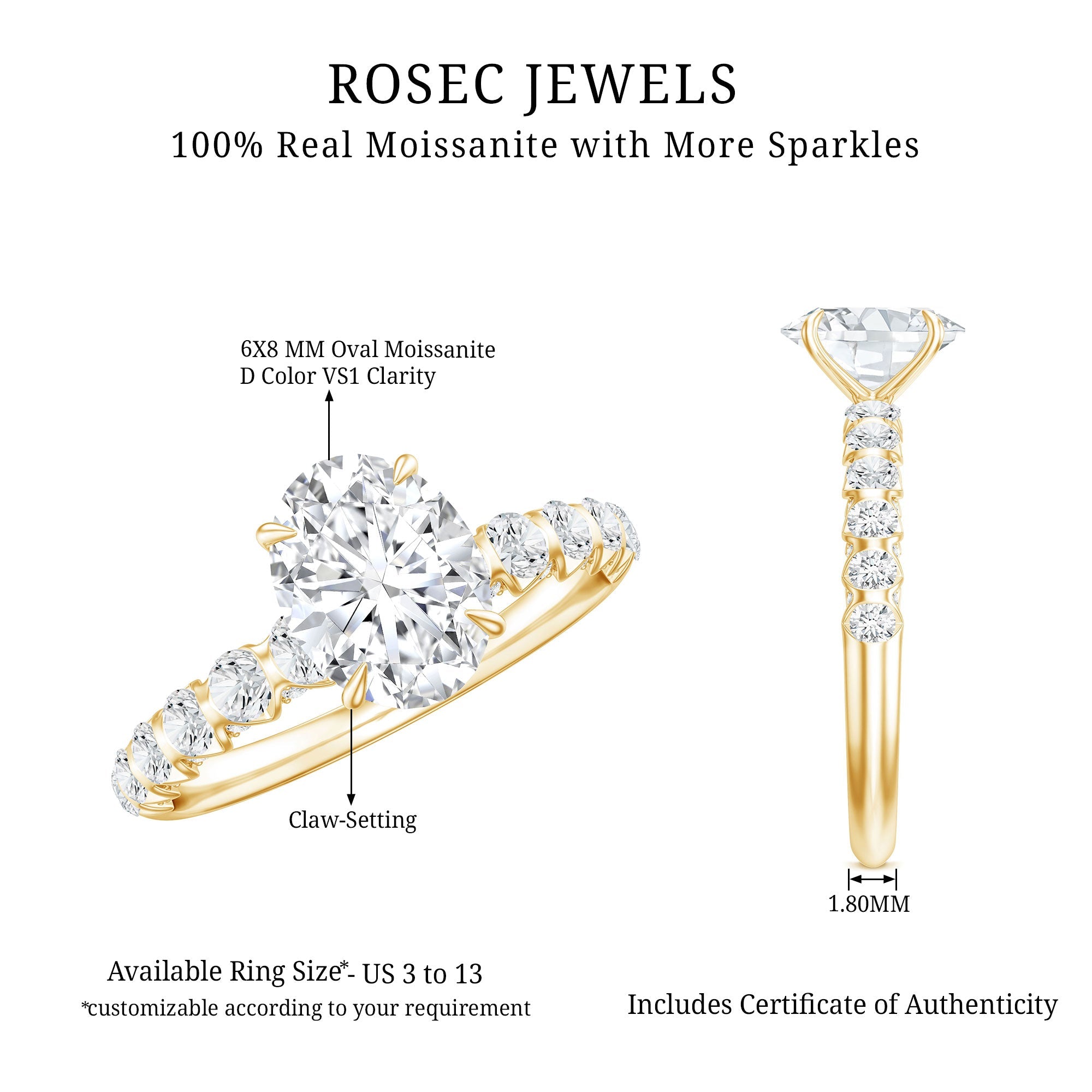Oval Moissanite Solitaire Engagement Ring with Side Stones
