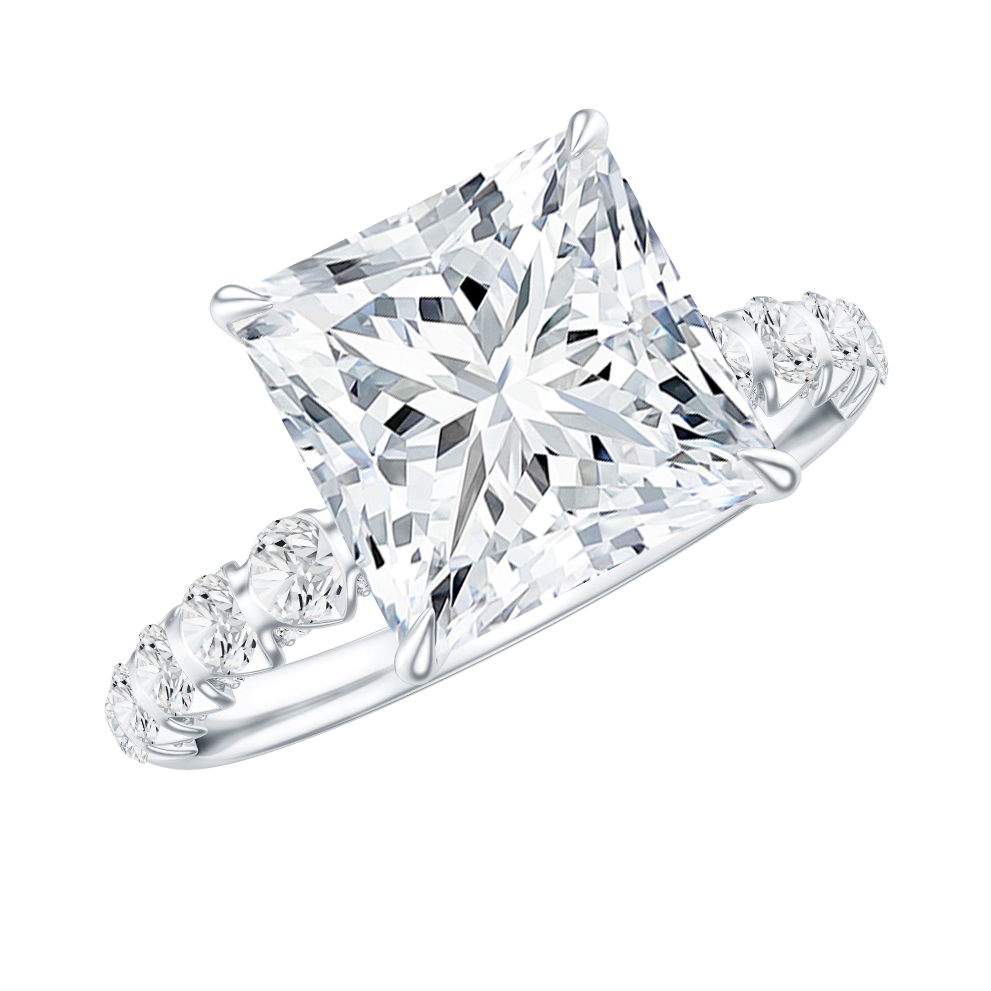 Princess Cut 3 Carat Moissanite Solitaire Engagement Ring with Side Stones